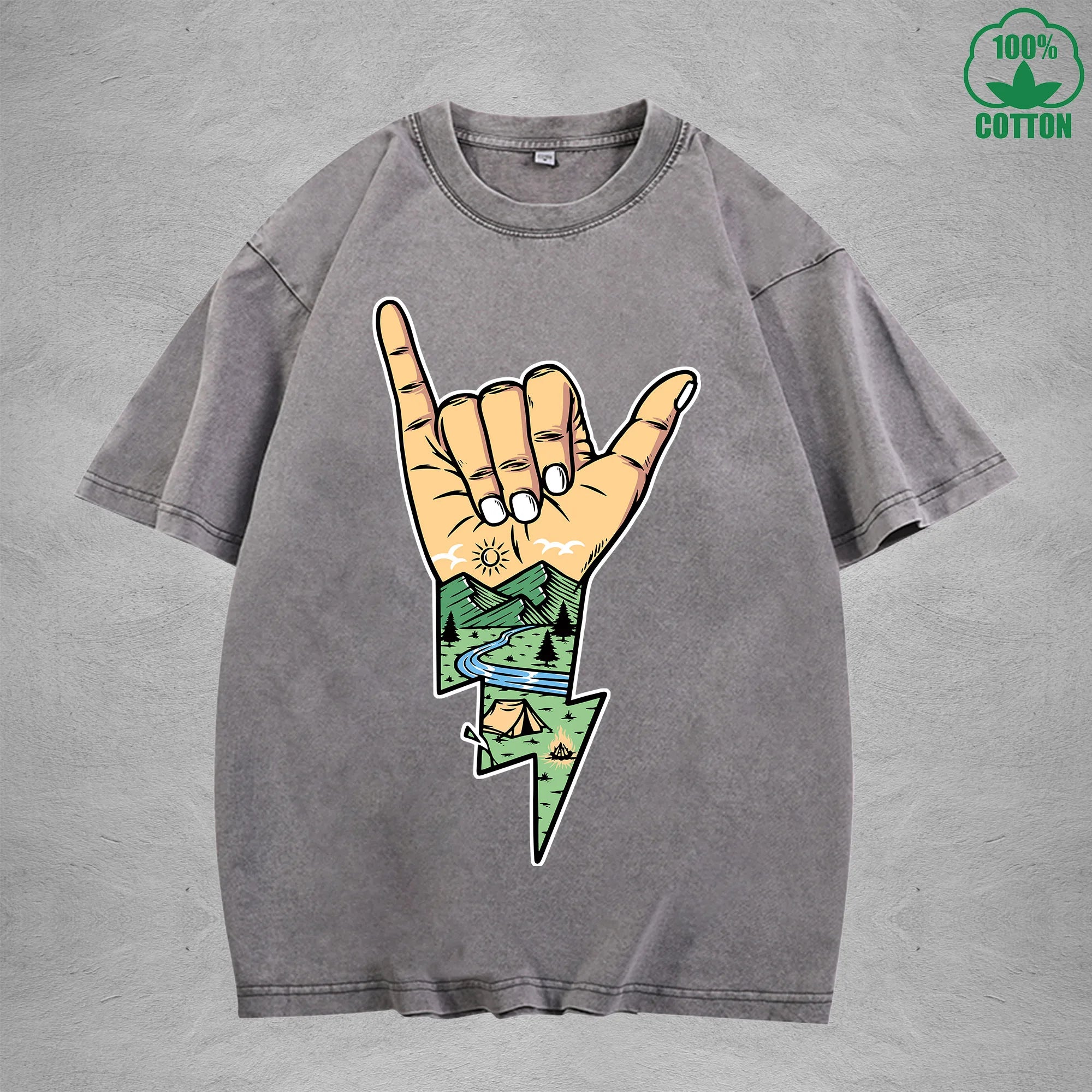 Lightning Camping Interest Printed Washed T-Shirt 230G Multicolor Loose Trendy Fashionable 100%Cotton Short Sleeve Top