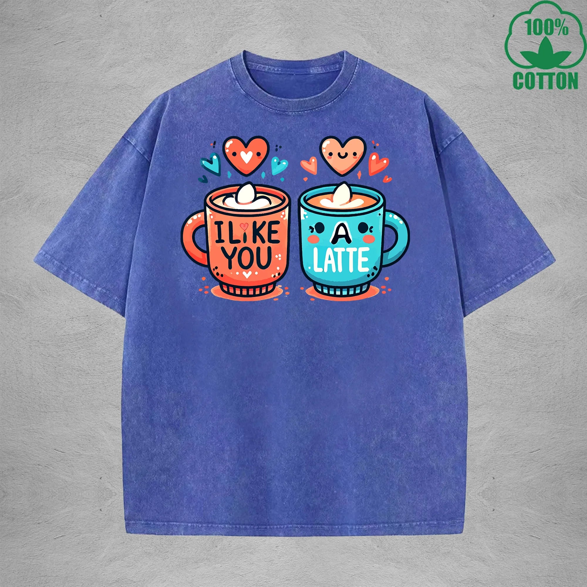 I Like You A LatteInterest Printed Washed T-Shirt 230G Loose Trendy Fashionable 100%Cotton Short Sleeve Top