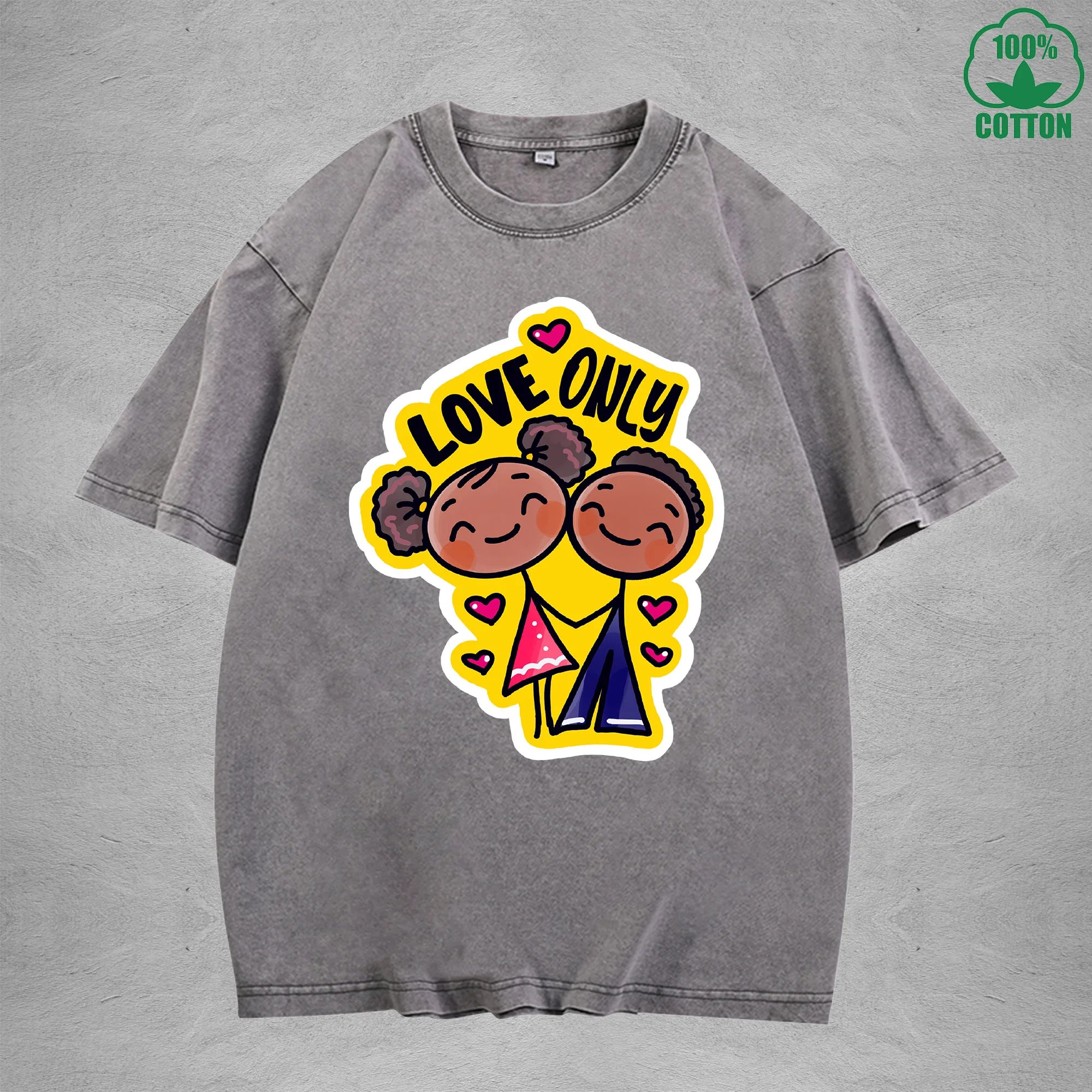 Love onlyInterest Printed Washed T-Shirt 230G Loose Trendy Fashionable 100%Cotton Short Sleeve Top