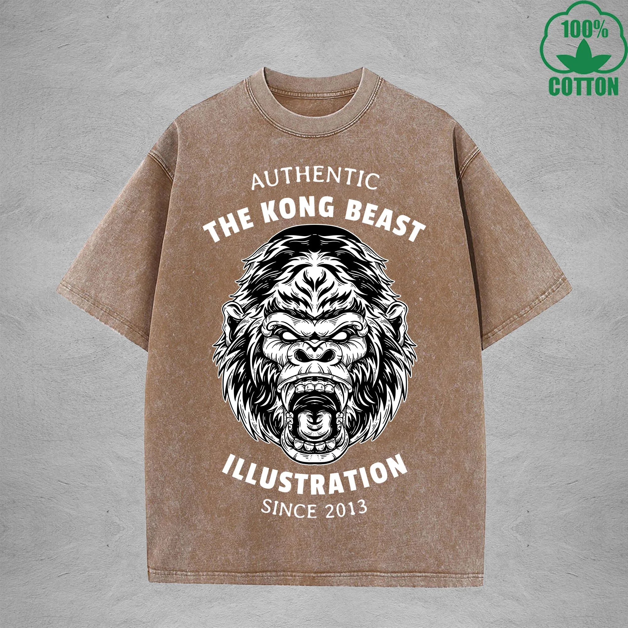 Angry GorillaInterest Printed Washed T-Shirt 230G Multicolor Loose Trendy Fashionable 100%Cotton Short Sleeve Top