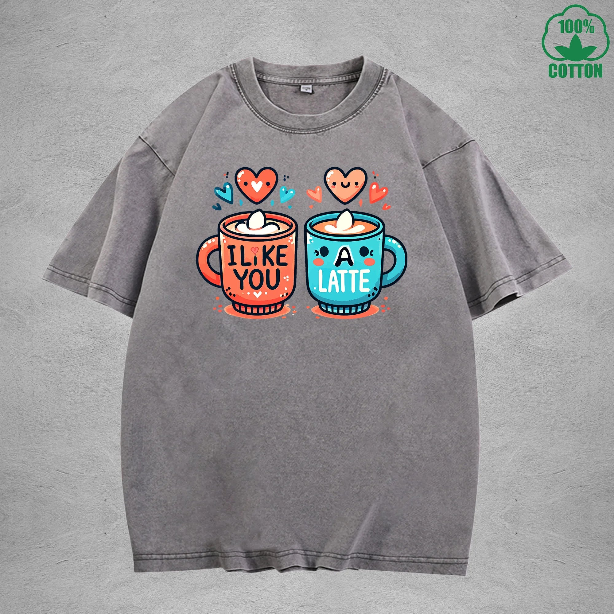 I Like You A LatteInterest Printed Washed T-Shirt 230G Loose Trendy Fashionable 100%Cotton Short Sleeve Top