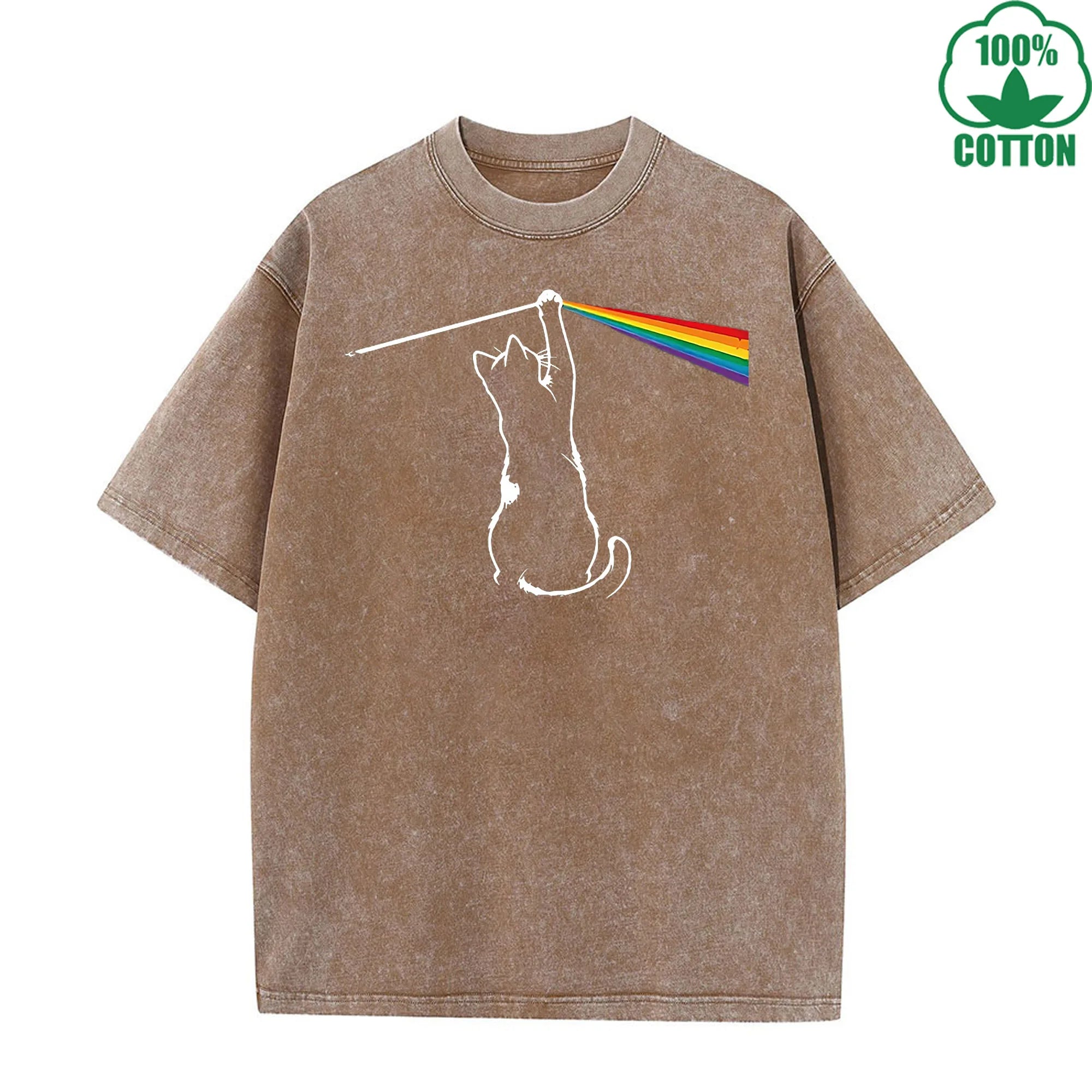 Cat Chasing a Rainbow Printed Washed T-Shirt 230G Loose Trendy Fashionable Cotton Short Sleeve Top Clearance Sale