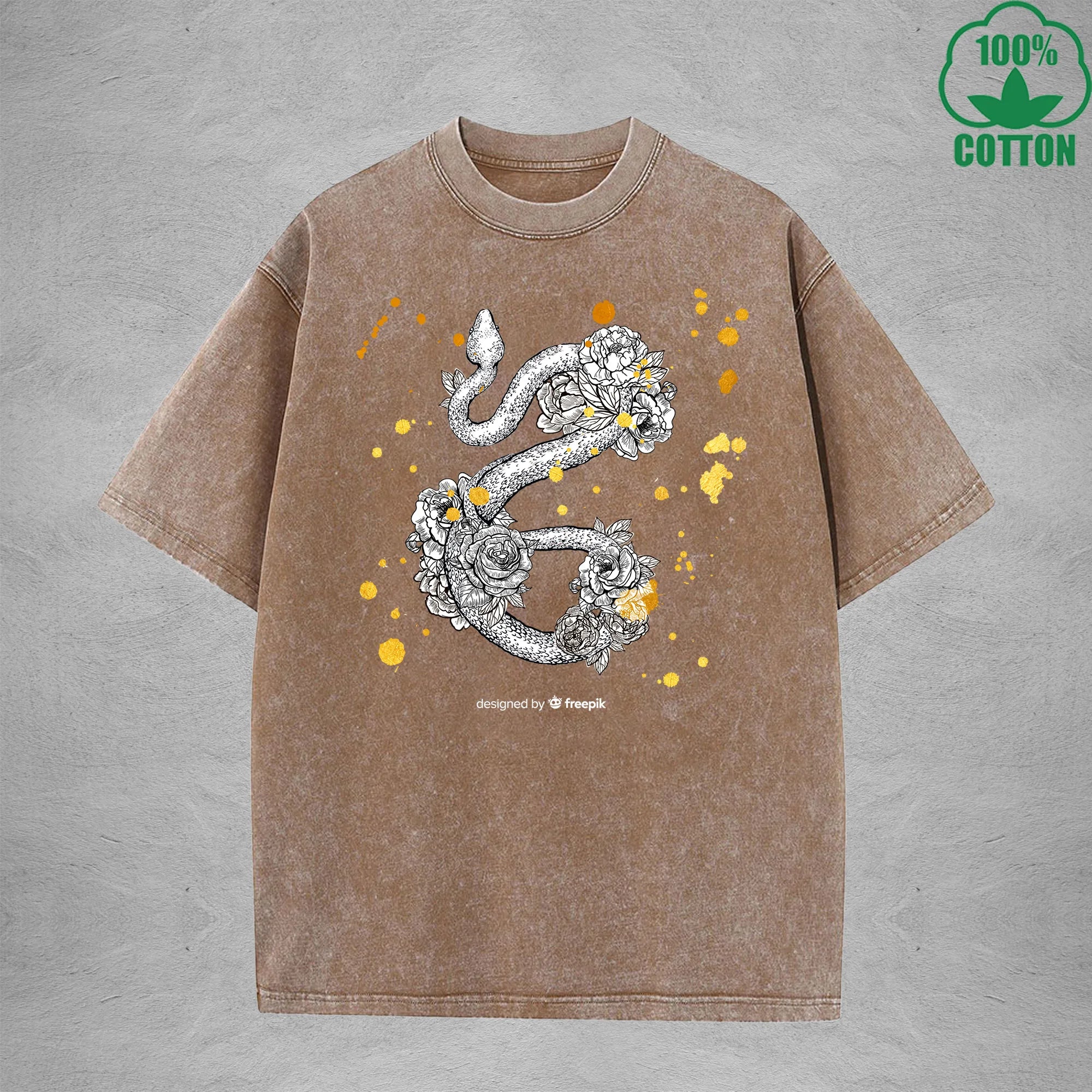 Roses And Vipers Printed Washed T-Shirt 230G Minimalist Loose Trendy Fashionable Cotton Short Sleeve Top