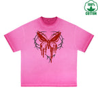 Blood Butterfly Printed Dirty WashT-Shirt 230G Multicolor Loose Trendy Fashionable 100%Cotton Short Sleeve Top