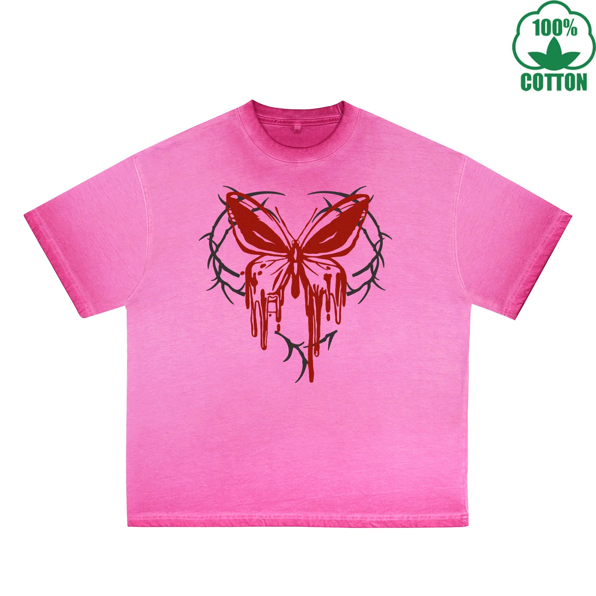Blood Butterfly Printed Dirty WashT-Shirt 230G Multicolor Loose Trendy Fashionable 100%Cotton Short Sleeve Top