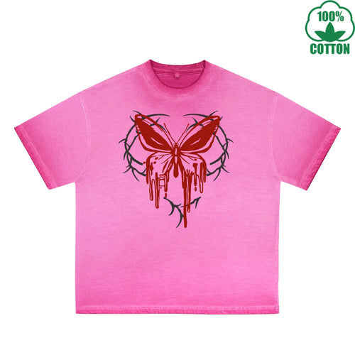 Blood Butterfly Printed Dirty WashT-Shirt 230G Multicolor Loose Trendy Fashionable 100%Cotton Short Sleeve Top
