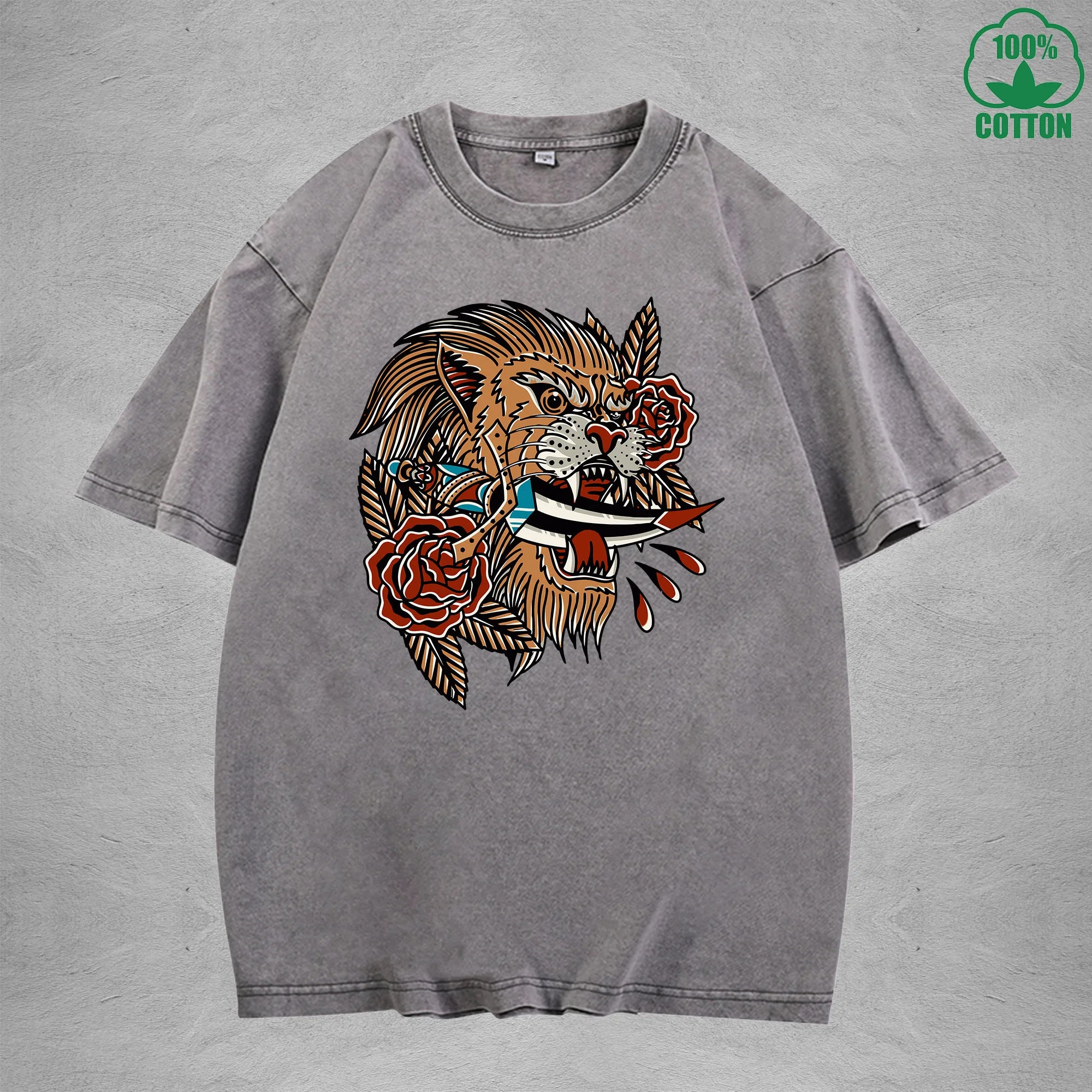 PredatorInterest Printed Washed T-Shirt 230G Multicolor Loose Trendy Fashionable 100%Cotton Short Sleeve Top