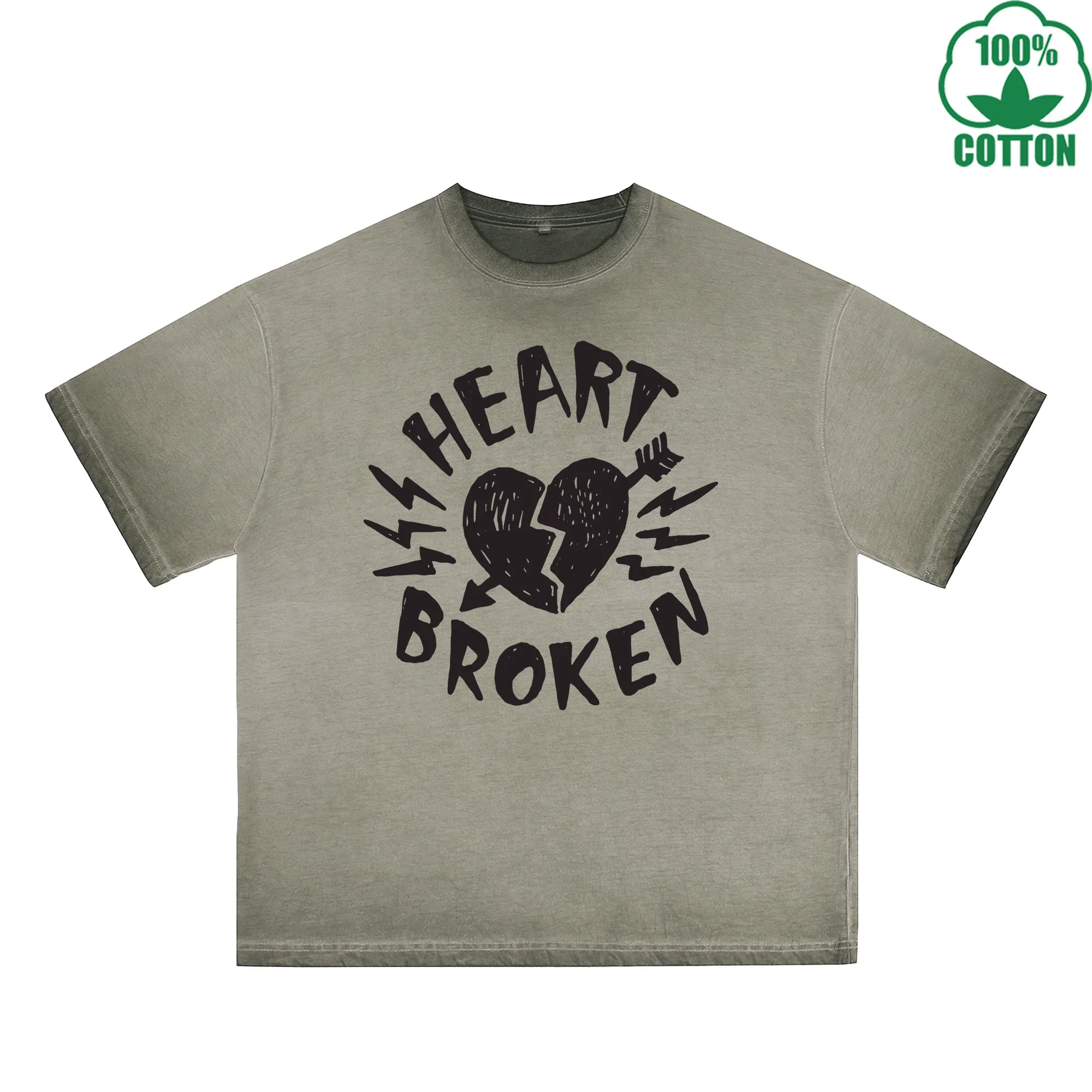 Heart Broken Printed Dirty WashT-Shirt 230G Multicolor Loose Trendy Short Sleeves Fashionable 100%Cotton Top
