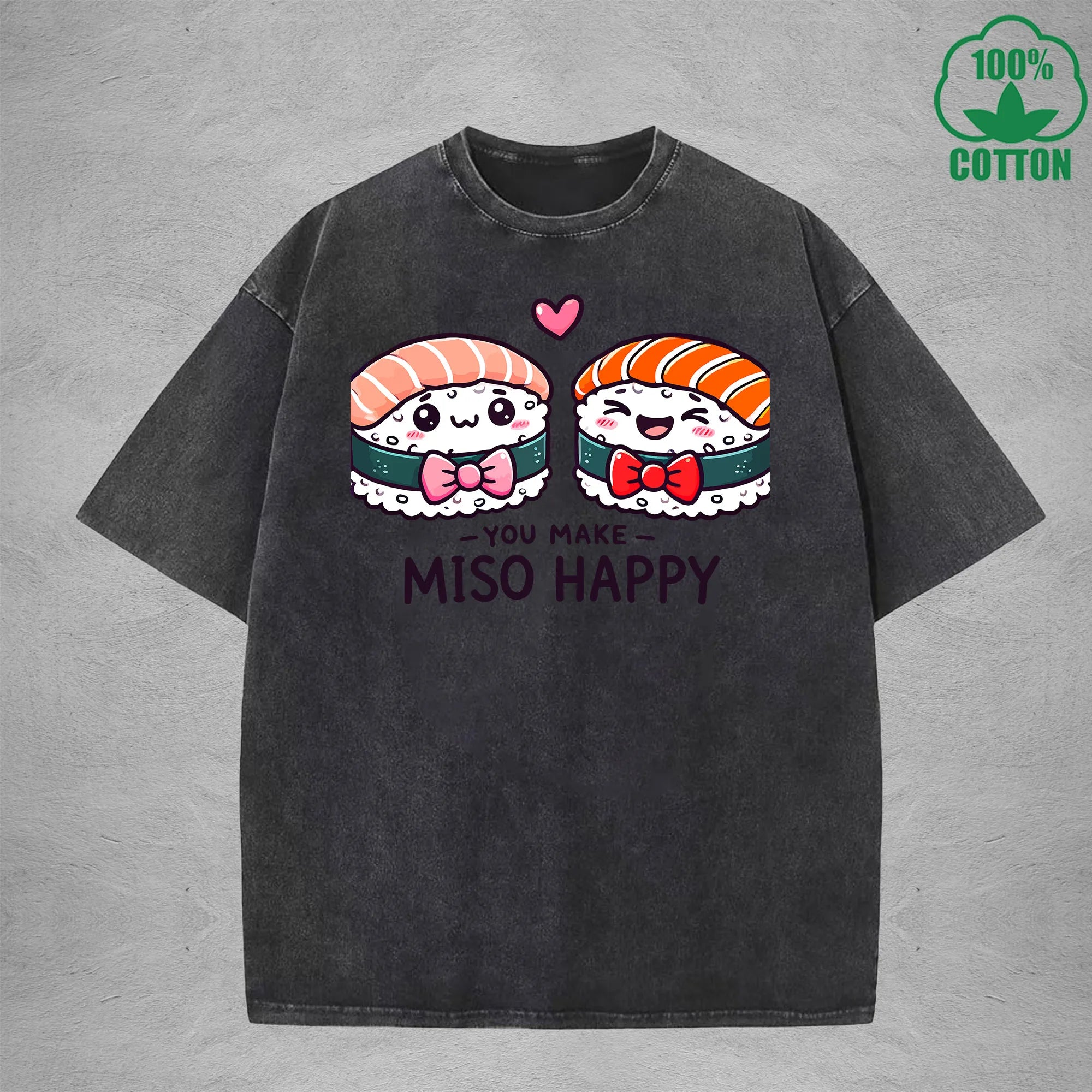 You Make Miso HappyInterest Printed Washed T-Shirt 230G Loose Trendy Fashionable 100%Cotton Short Sleeve Top