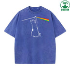 Cat Chasing a Rainbow Printed Washed T-Shirt 230G Loose Trendy Fashionable Cotton Short Sleeve Top Clearance Sale