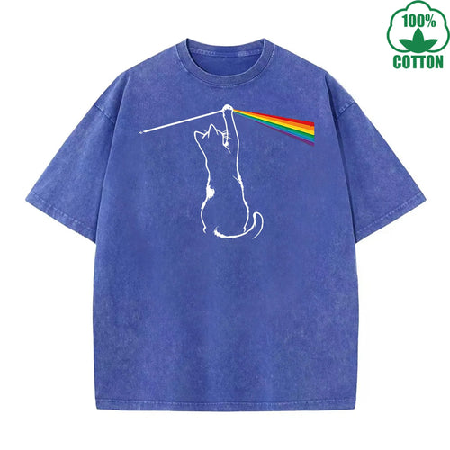 Cat Chasing a Rainbow Printed Washed T-Shirt 230G Loose Trendy Fashionable Cotton Short Sleeve Top Clearance Sale