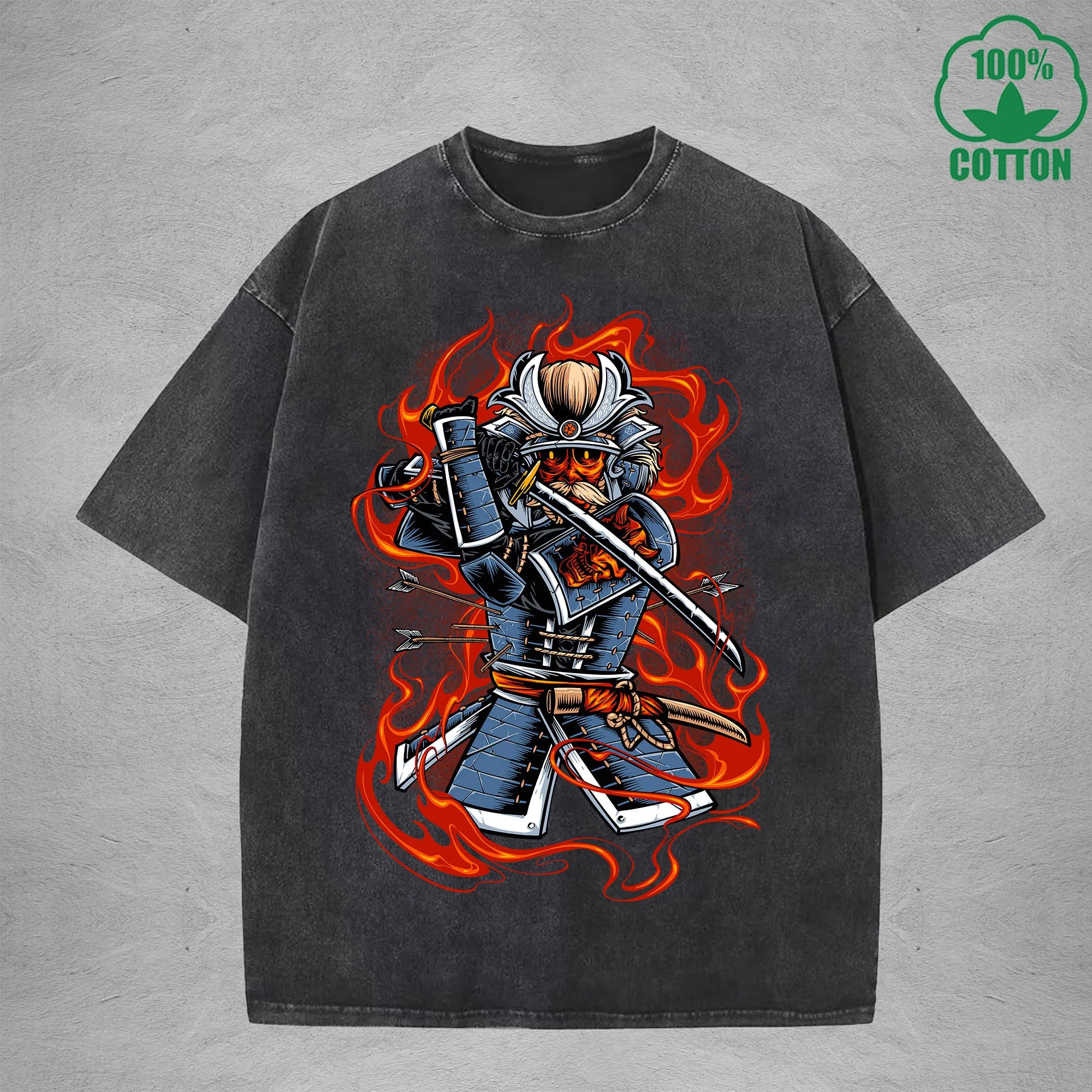 Ghost Samurai Interest Printed Washed T-Shirt 230G Multicolor Loose Trendy Fashionable Cotton Short Sleeve Top