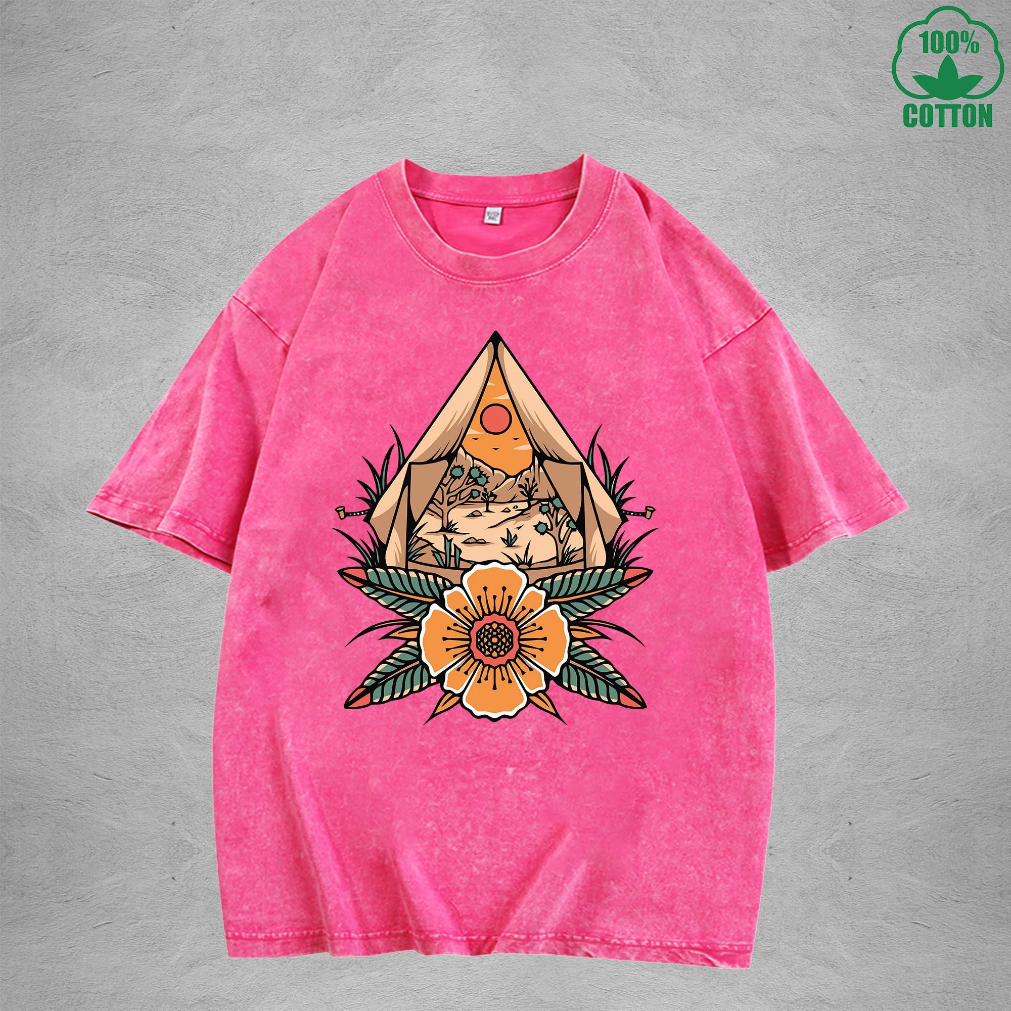 Desert CampInterest Printed Washed T-Shirt 230G Multicolor Loose Trendy Fashionable 100%Cotton Short Sleeve Top
