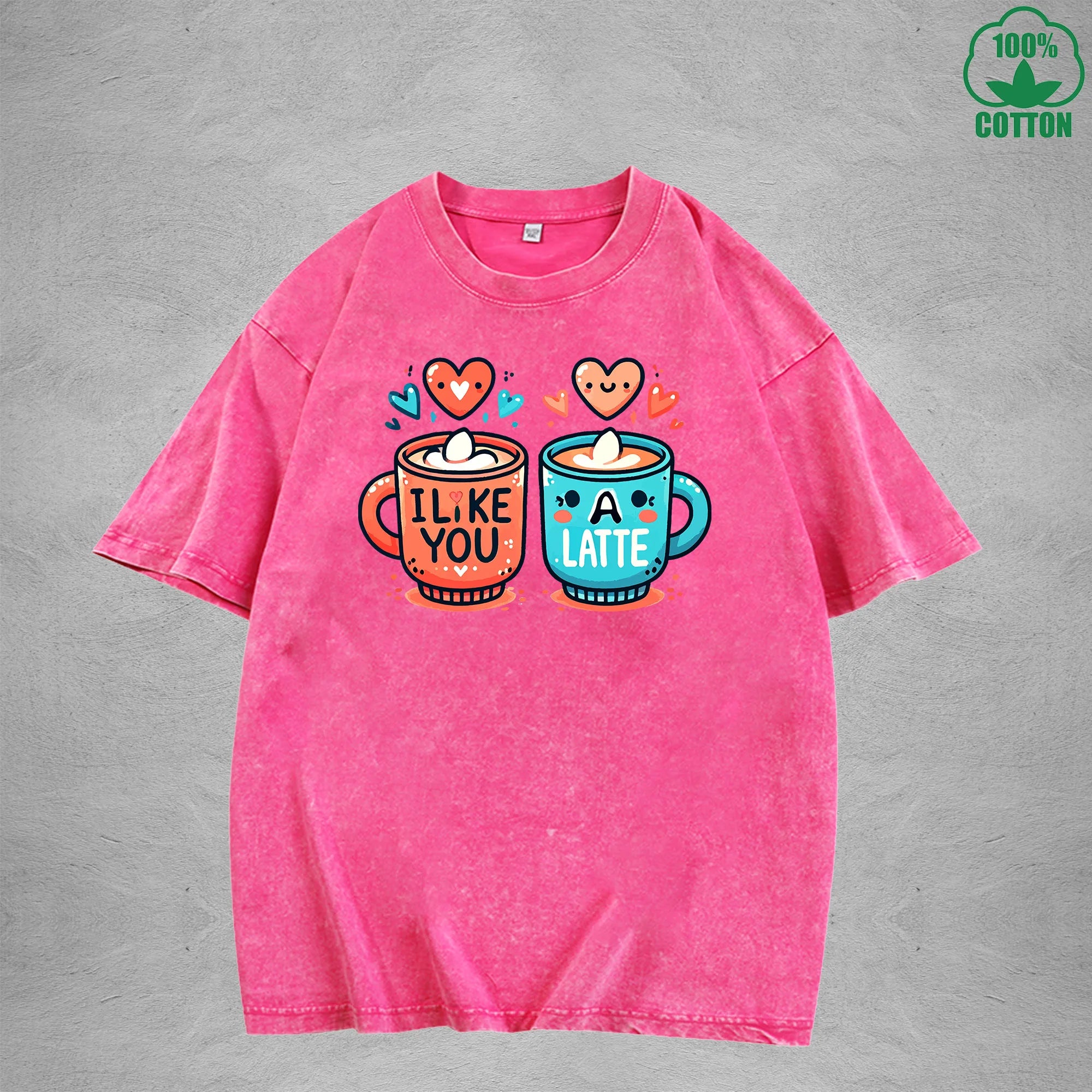 I Like You A LatteInterest Printed Washed T-Shirt 230G Loose Trendy Fashionable 100%Cotton Short Sleeve Top