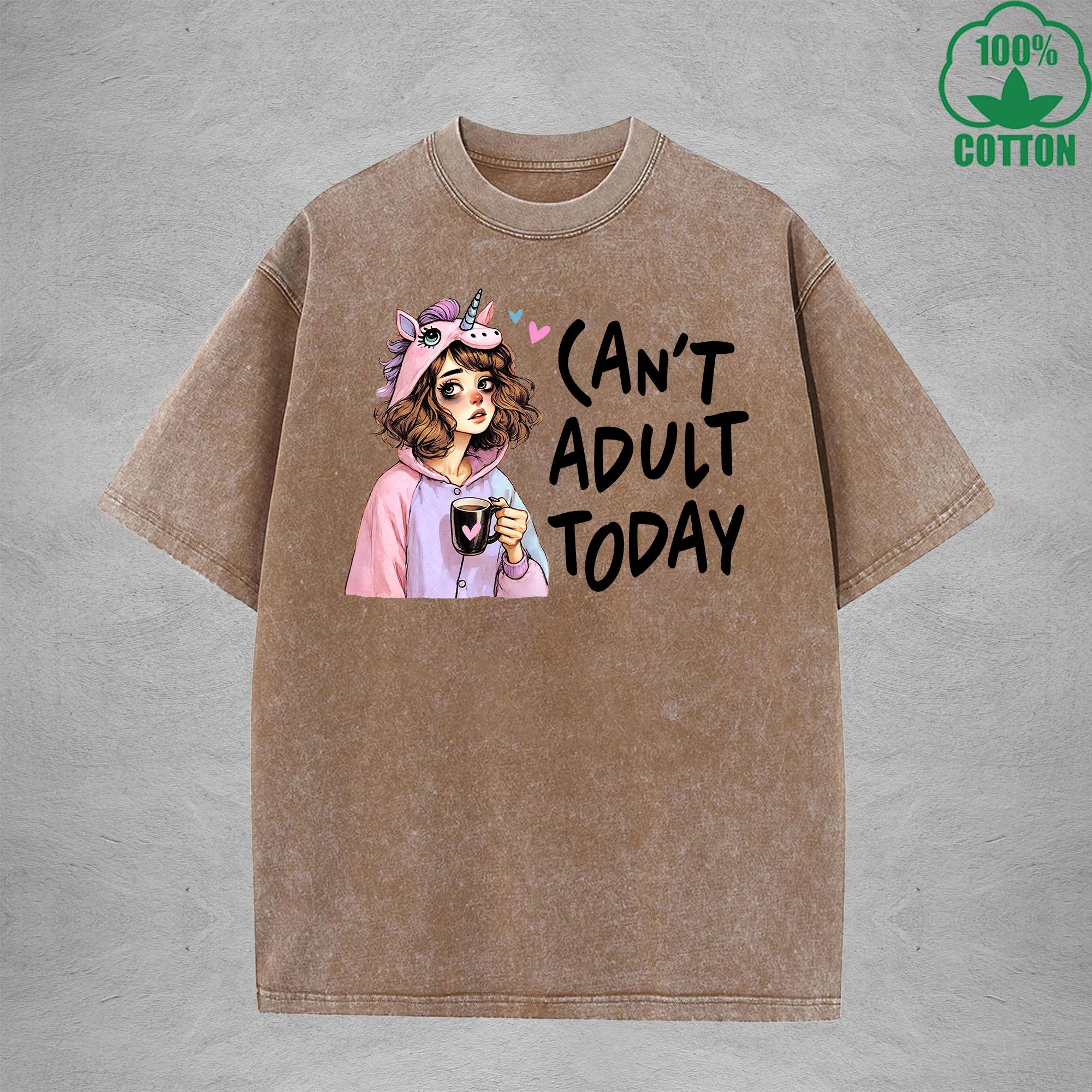 Can't Adult TodayInterest Printed Washed T-Shirt 230G Loose Trendy Fashionable 100%Cotton Short Sleeve Top