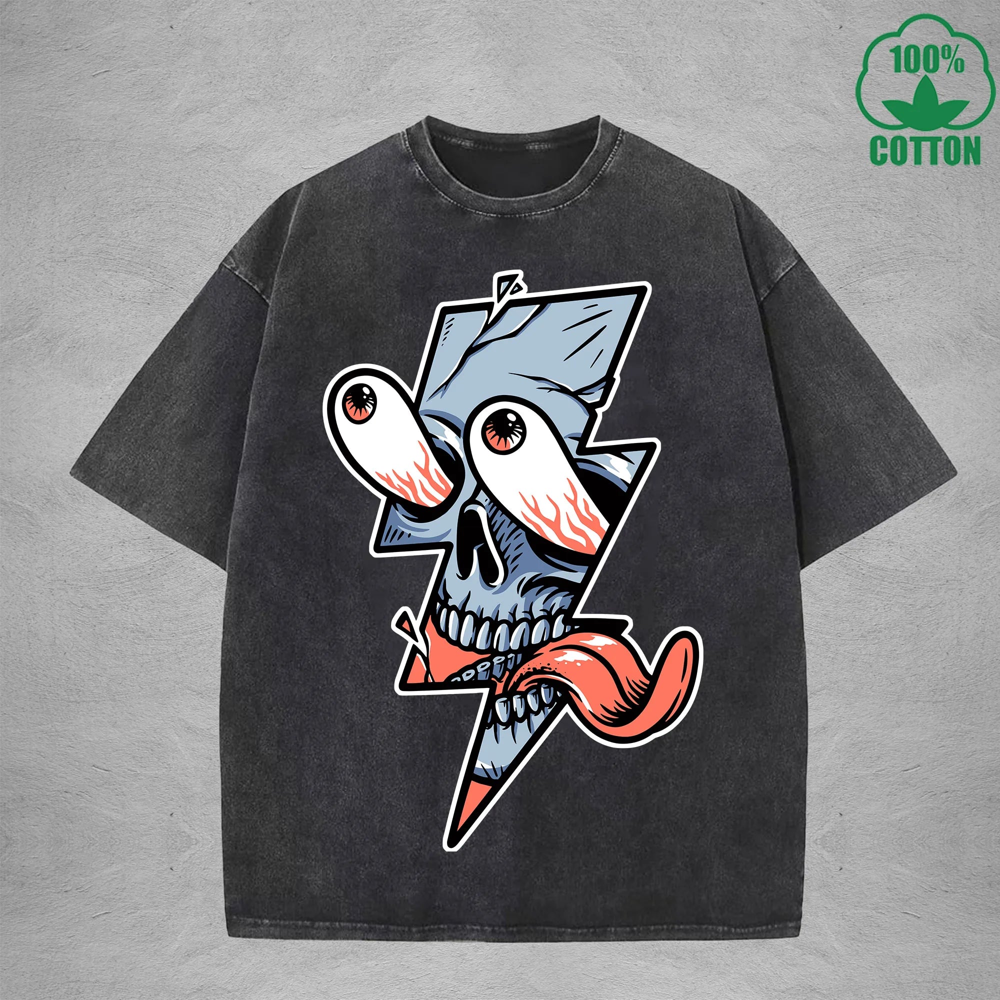 Lightning Skeleton Interest Printed Washed T-Shirt 230G Multicolor Loose Trendy Fashionable 100%Cotton Short Sleeve Top