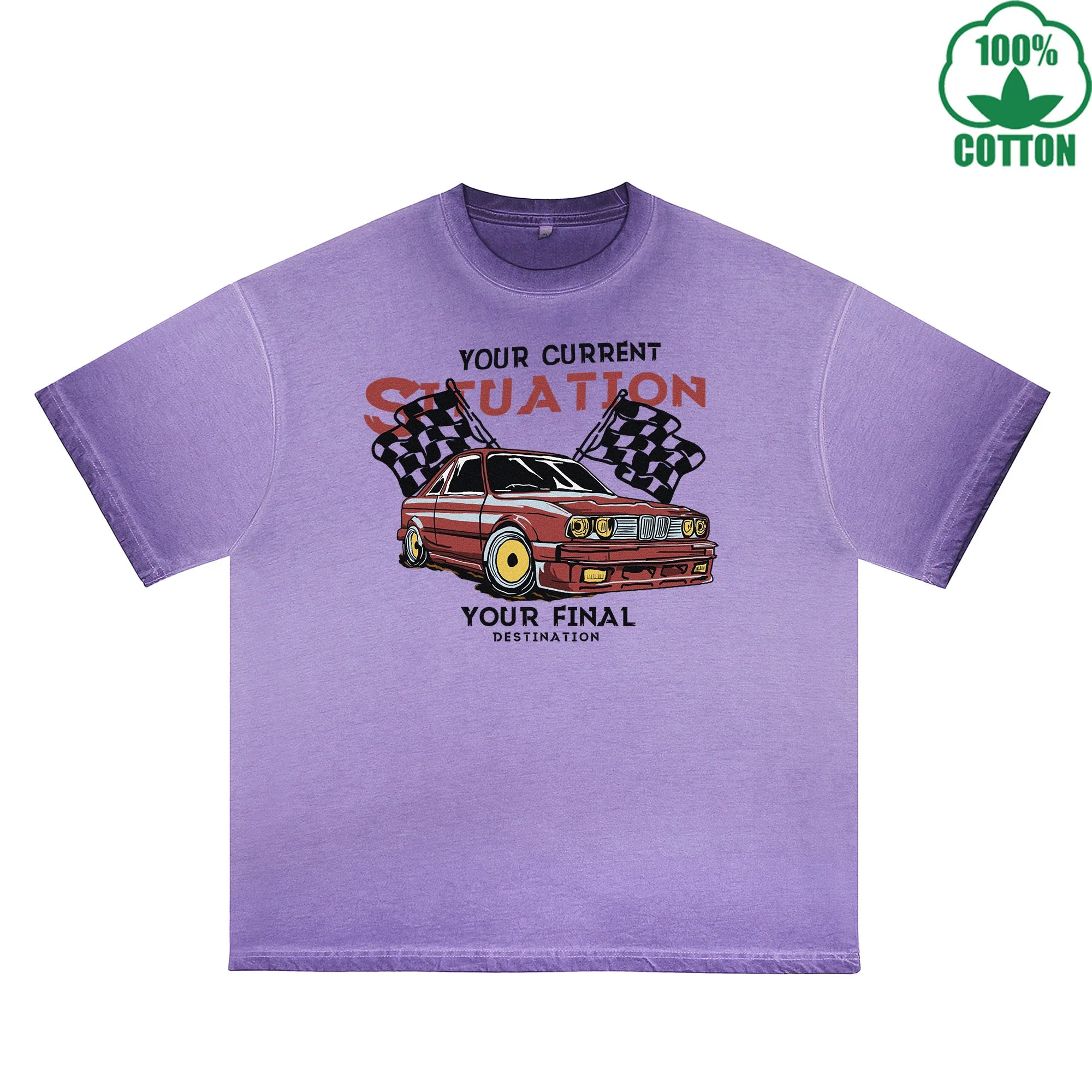 Racing Printed Dirty WashT-Shirt 230G Multicolor Loose Trendy Fashionable 100%Cotton Short Sleeve Top