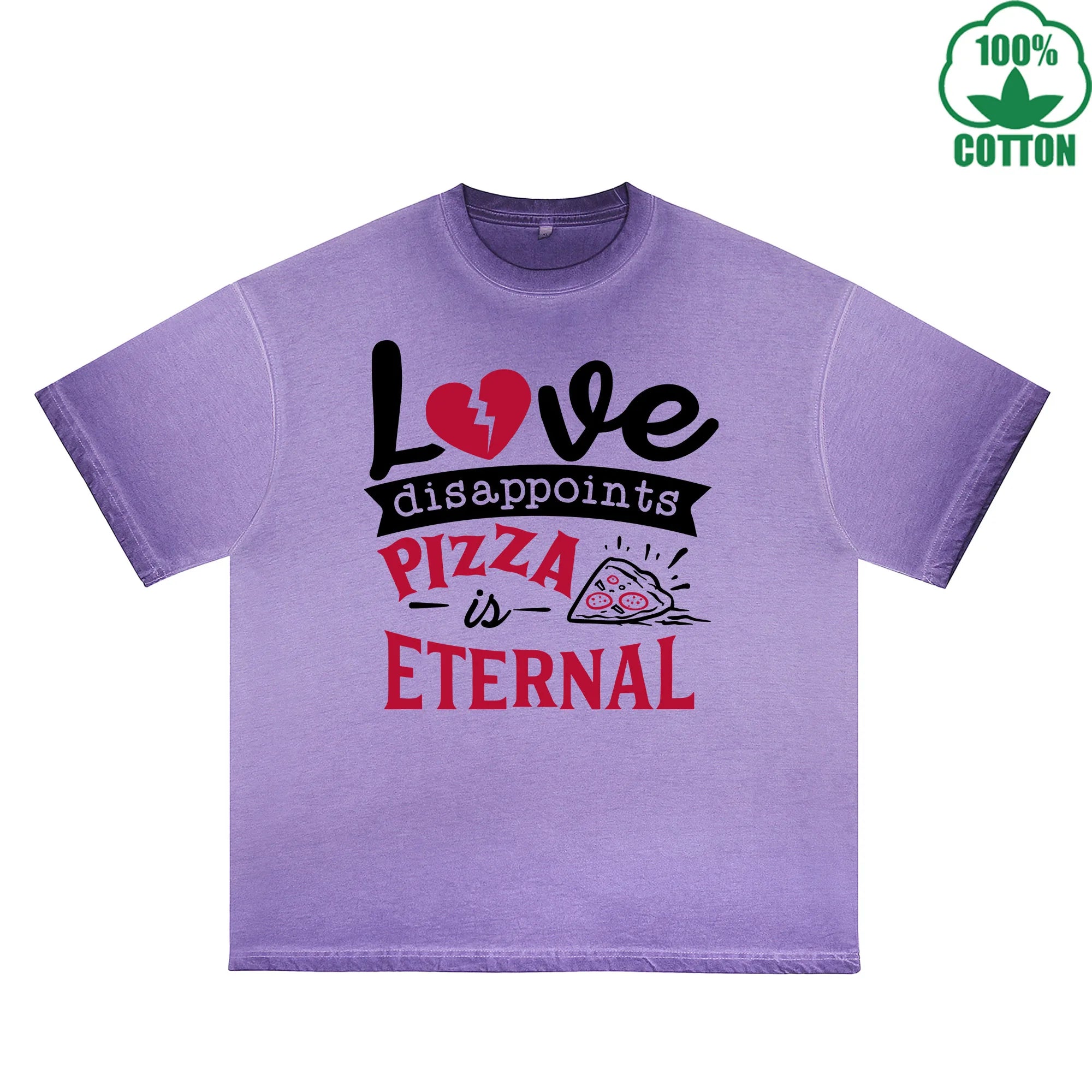 Love Disappoints Pizza Printed Dirty Wash T-Shirt 230G Multicolor Loose Trendy Fashionable 100%Cotton Short Sleeve Top
