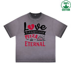 Love Disappoints Pizza Printed Dirty Wash T-Shirt 230G Multicolor Loose Trendy Fashionable 100%Cotton Short Sleeve Top