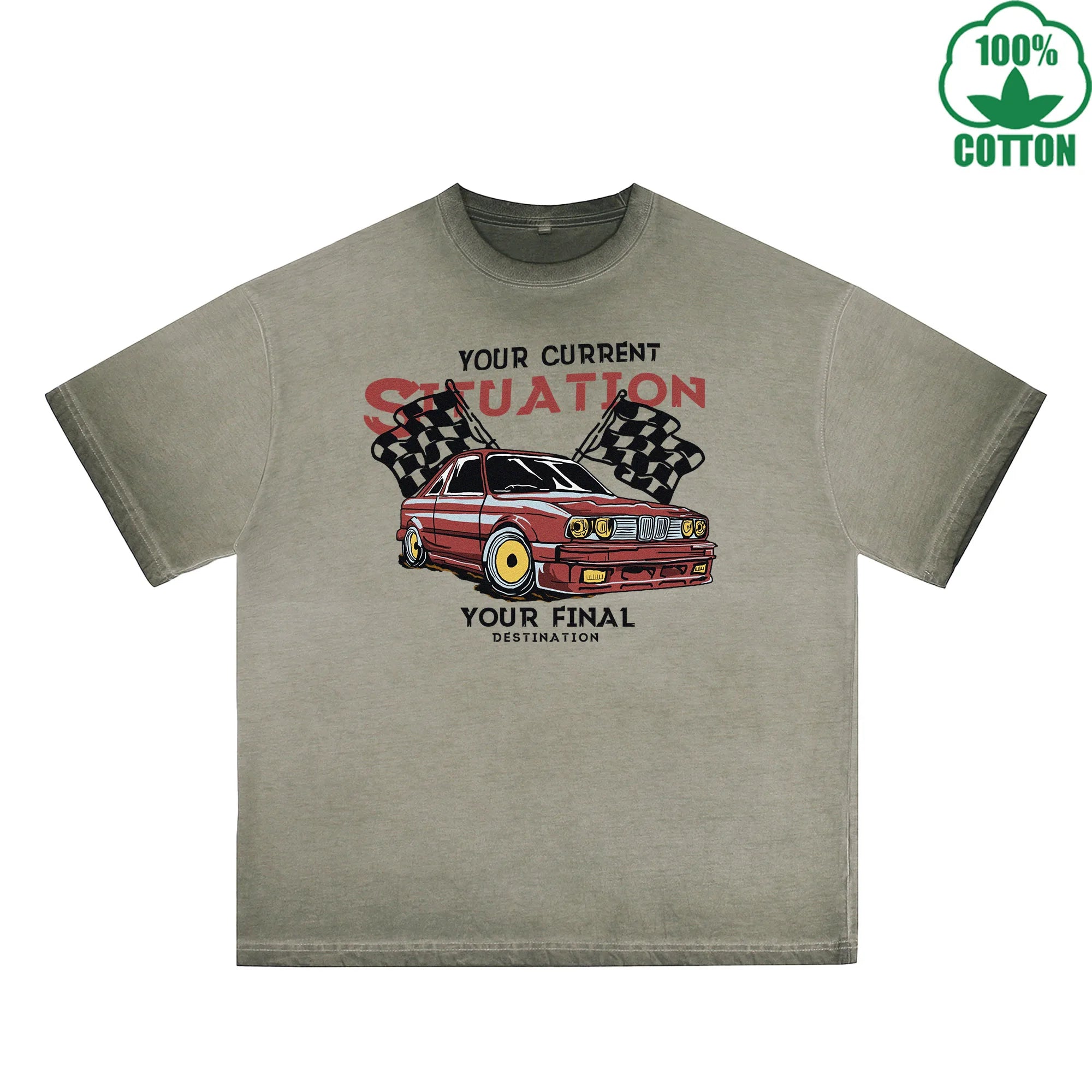 Racing Printed Dirty WashT-Shirt 230G Multicolor Loose Trendy Fashionable 100%Cotton Short Sleeve Top