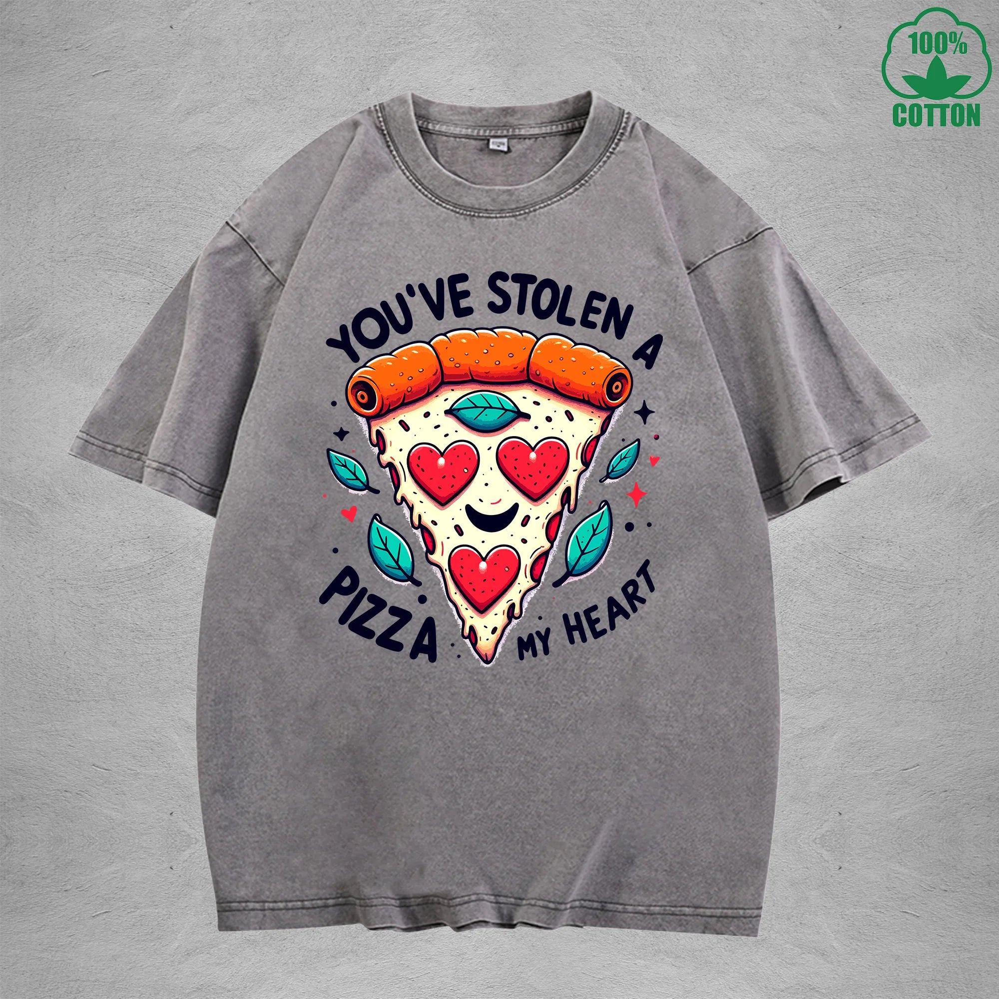 A Pizza My HeartInterest Printed Washed T-Shirt 230G Loose Trendy Fashionable 100%Cotton Short Sleeve Top