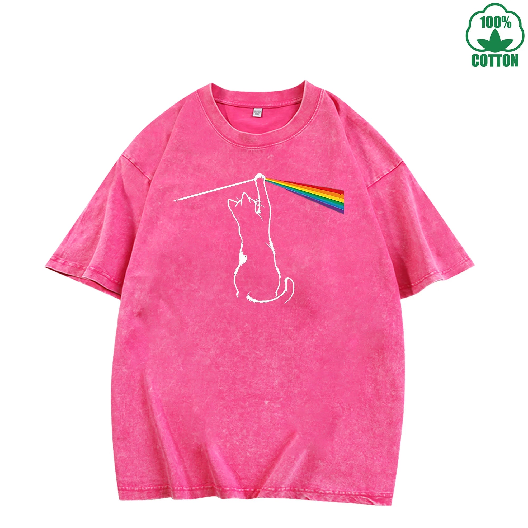 Cat Chasing a Rainbow Printed Washed T-Shirt 230G Loose Trendy Fashionable Cotton Short Sleeve Top Clearance Sale