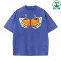 Holding a Pumpkin Fun And Quirky Printed Washed T-Shirt 230G Multicolor Loose Trendy Fashionable Cotton Short Sleeve Top