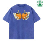 Holding a Pumpkin Fun And Quirky Printed Washed T-Shirt 230G Multicolor Loose Trendy Fashionable Cotton Short Sleeve Top