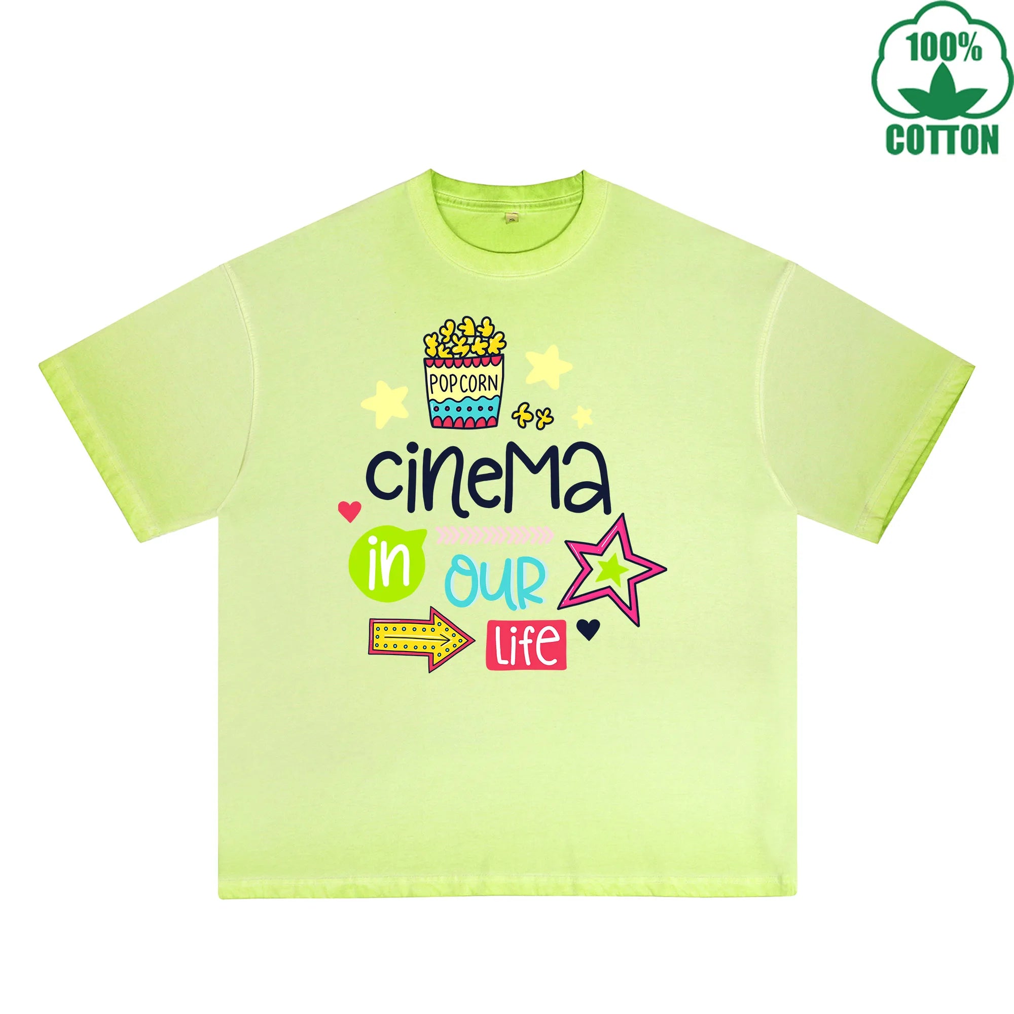 Cinema In Our Life Printed Dirty WashT-Shirt 230G Multicolor Loose Trendy Fashionable 100%Cotton Short Sleeve Top