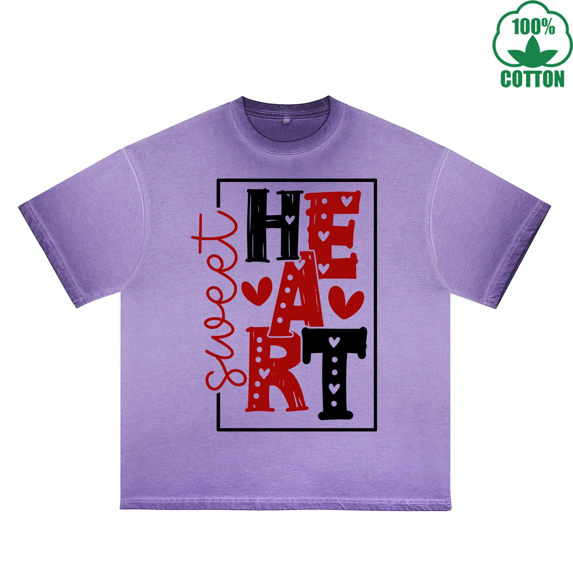 Sweet Heart Printed Dirty Wash T-Shirt 230G Multicolor Loose Trendy Fashionable 100%Cotton Short Sleeve Top