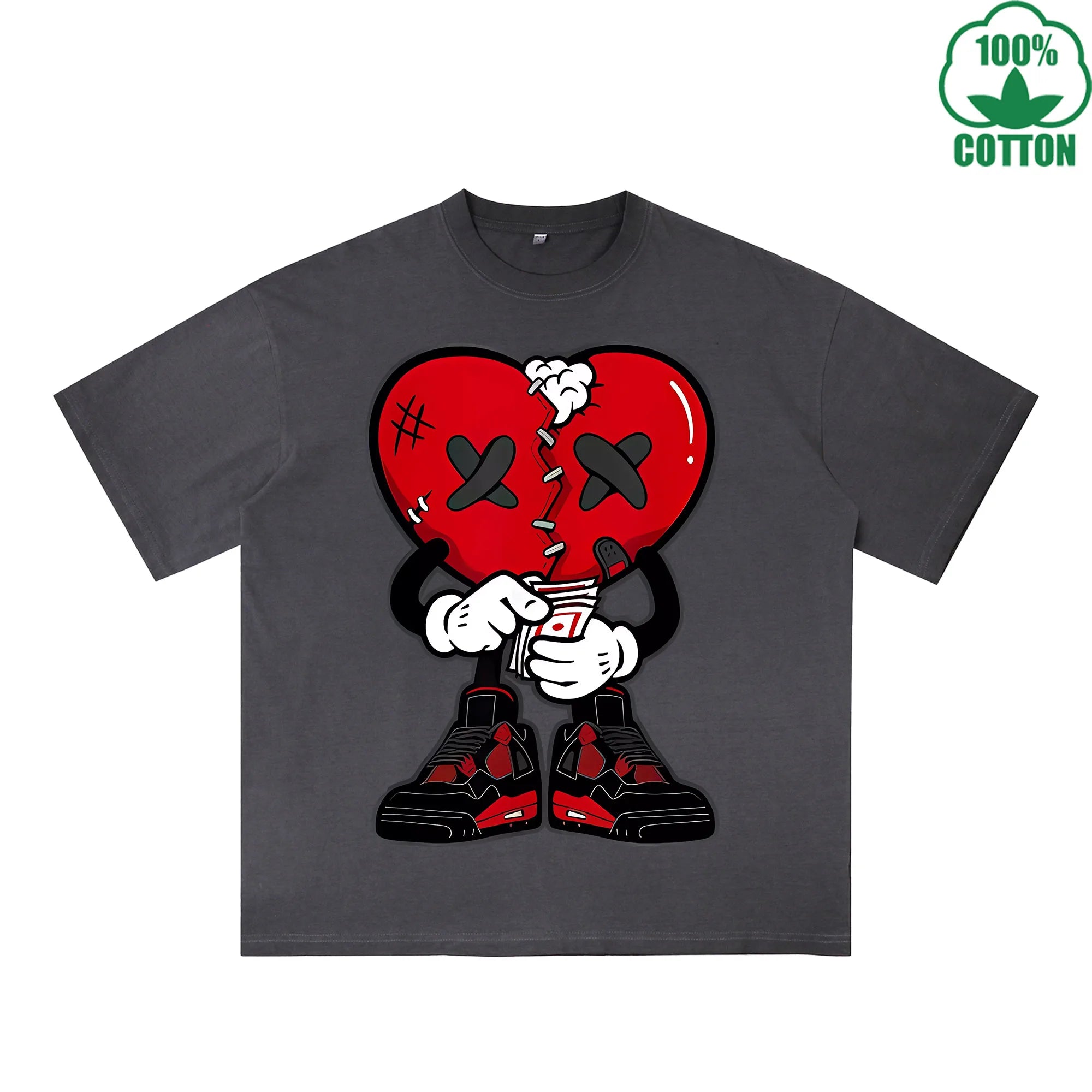 Injured Heart Printed Dirty WashT-Shirt 230G Multicolor Loose Trendy Fashionable 100%Cotton Short Sleeve Top