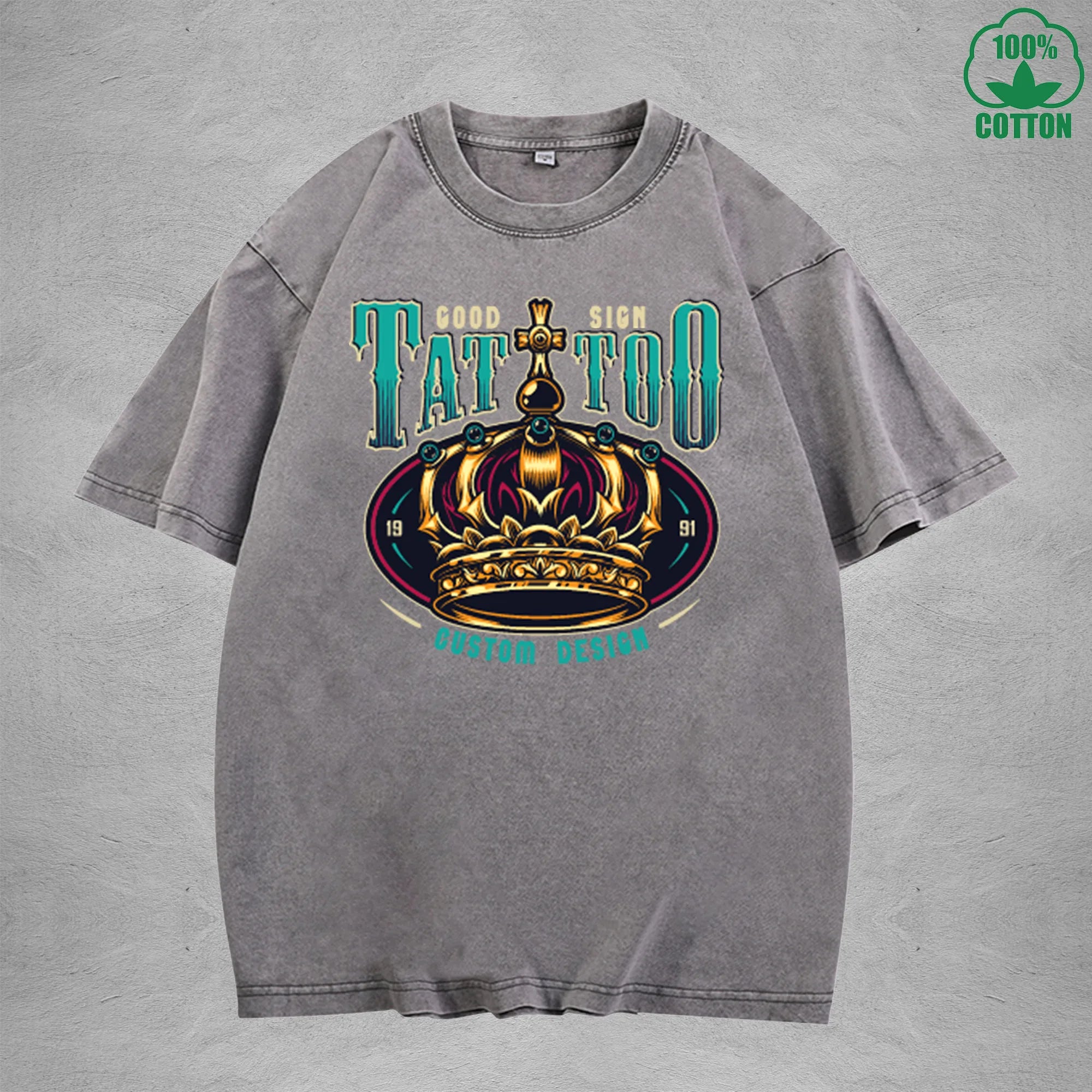 Crown of Power Interest Printed Washed T-Shirt 230G Multicolor Loose Trendy Fashionable Cotton Short Sleeve Top