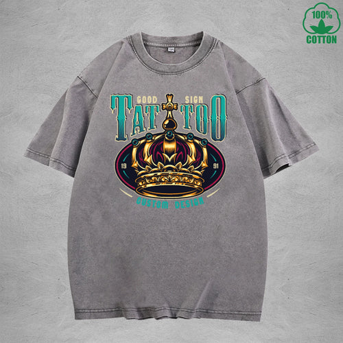 Crown of Power Interest Printed Washed T-Shirt 230G Multicolor Loose Trendy Fashionable Cotton Short Sleeve Top