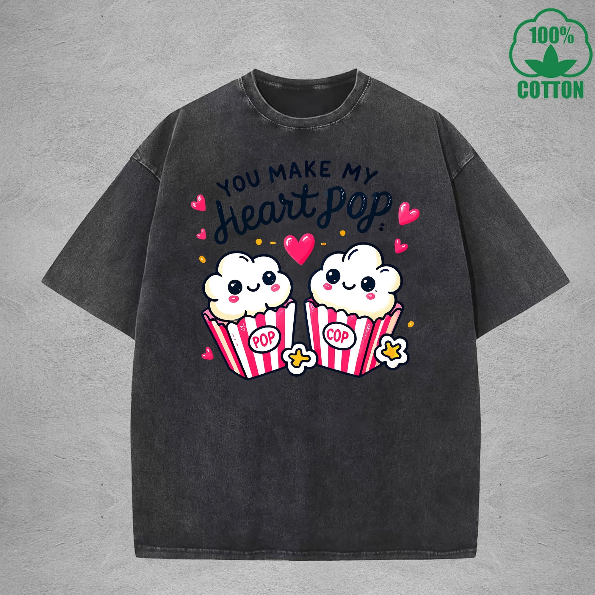 You Make My Heait PopInterest Printed Washed T-Shirt 230G Loose Trendy Fashionable 100%Cotton Short Sleeve Top