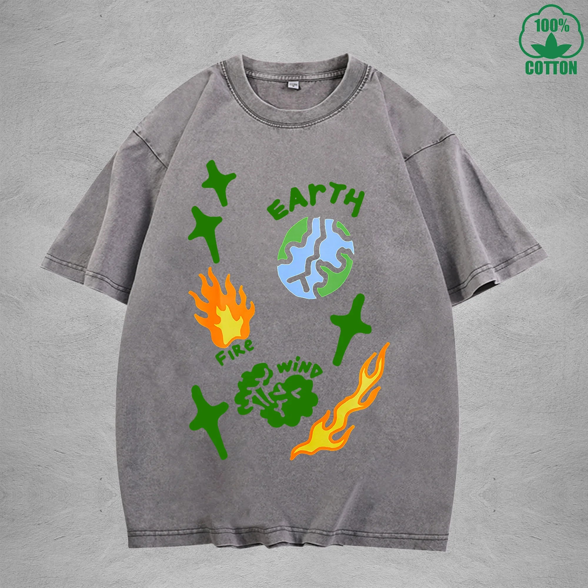 Natural Elements Interest Printed Washed T-Shirt 230G Multicolor Loose Trendy Fashionable Cotton Short Sleeve Top