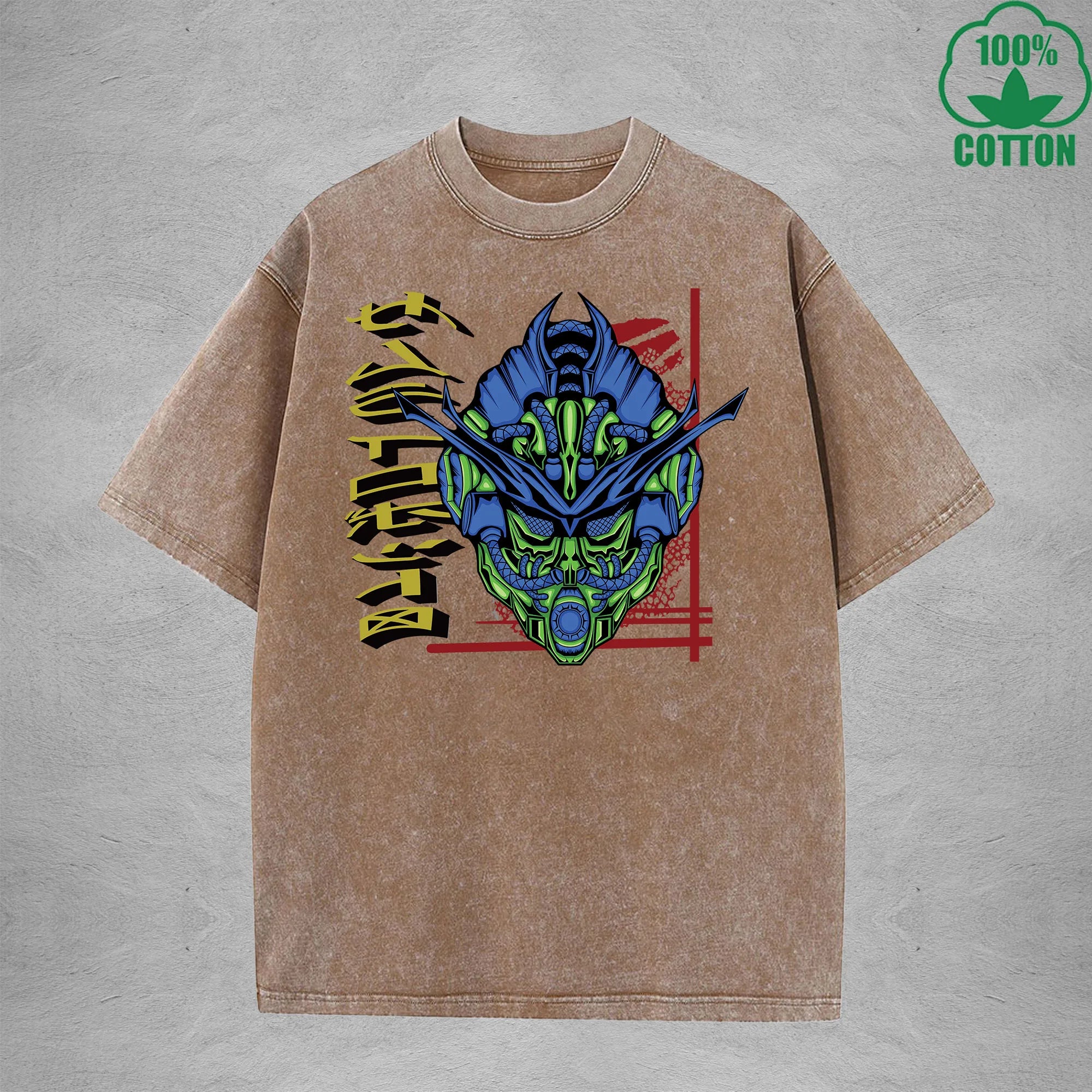 Combat Mecha Interest Printed Washed T-Shirt 230G Multicolor Loose Trendy Fashionable 100%Cotton Short Sleeve Top