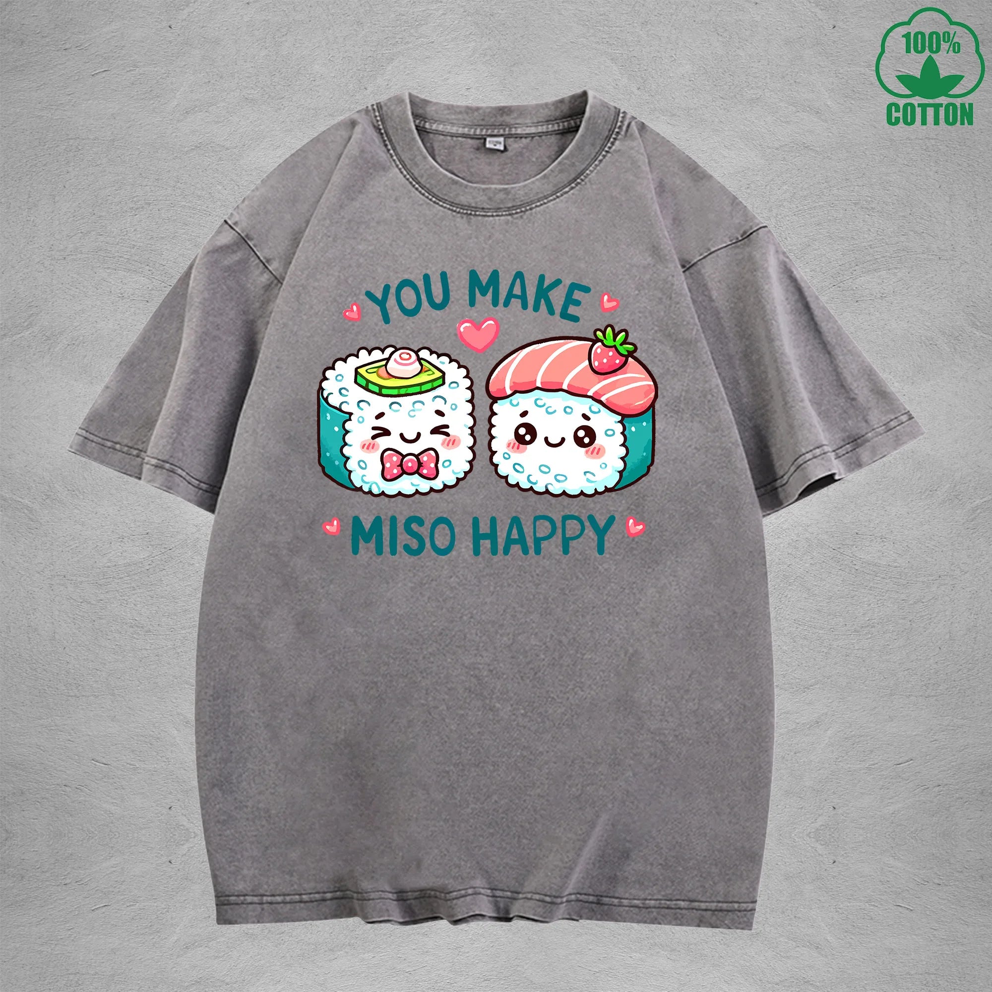 You Make Miso HappyInterest Printed Washed T-Shirt 230G Loose Trendy Fashionable 100%Cotton Short Sleeve Top