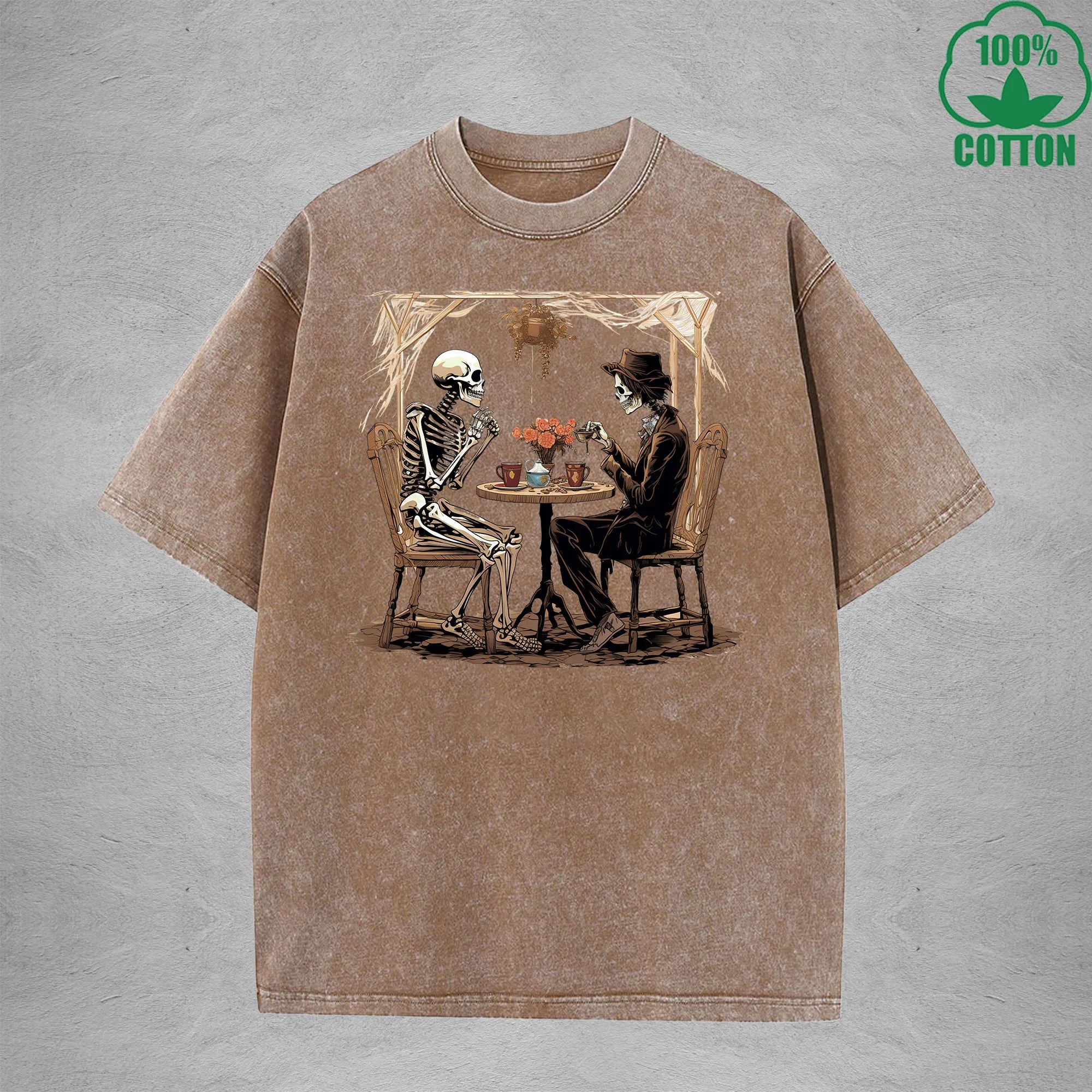 Skeleton Printed Washed T-Shirt 230G Loose Trendy Fashionable Cotton Short Sleeve Top