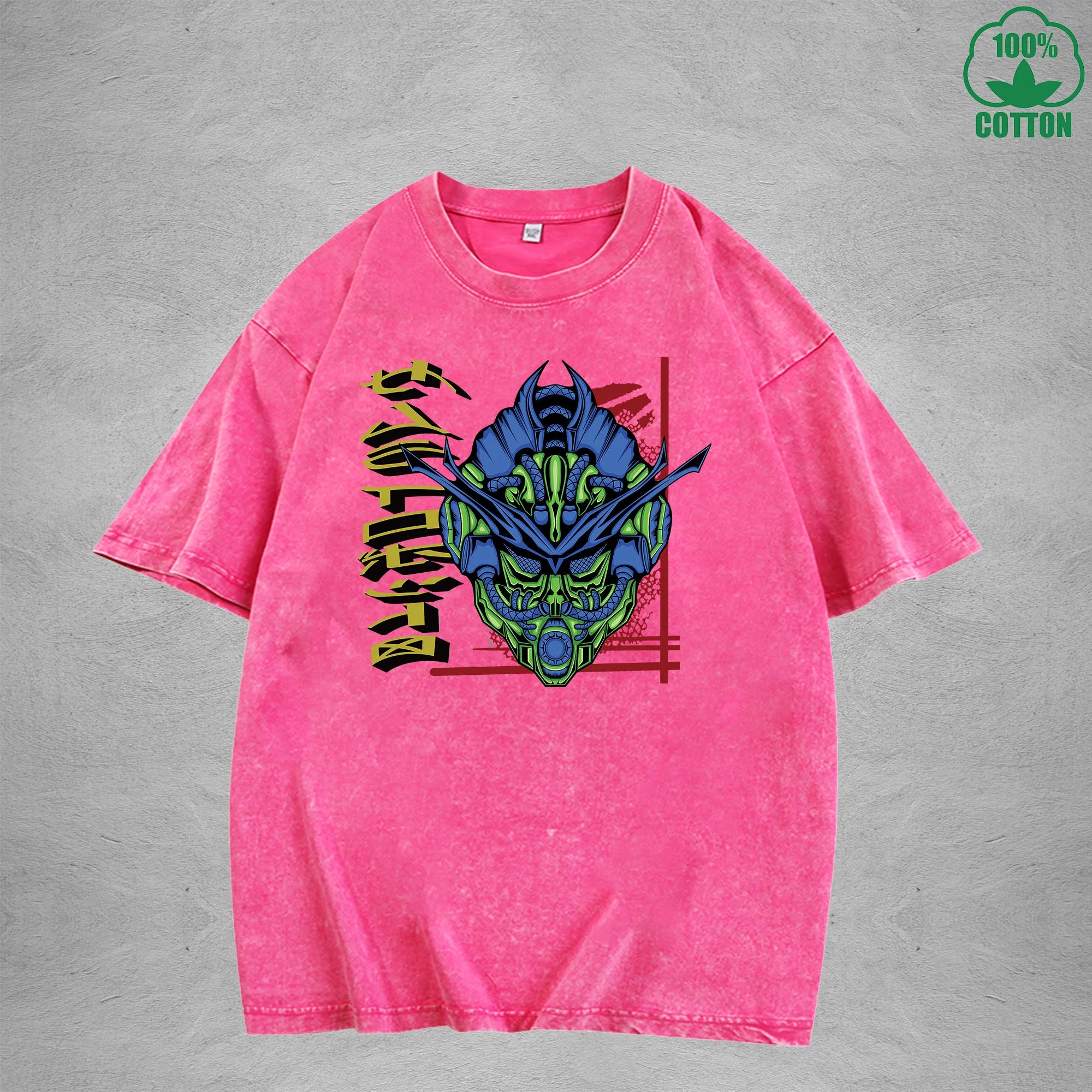 Combat Mecha Interest Printed Washed T-Shirt 230G Multicolor Loose Trendy Fashionable 100%Cotton Short Sleeve Top