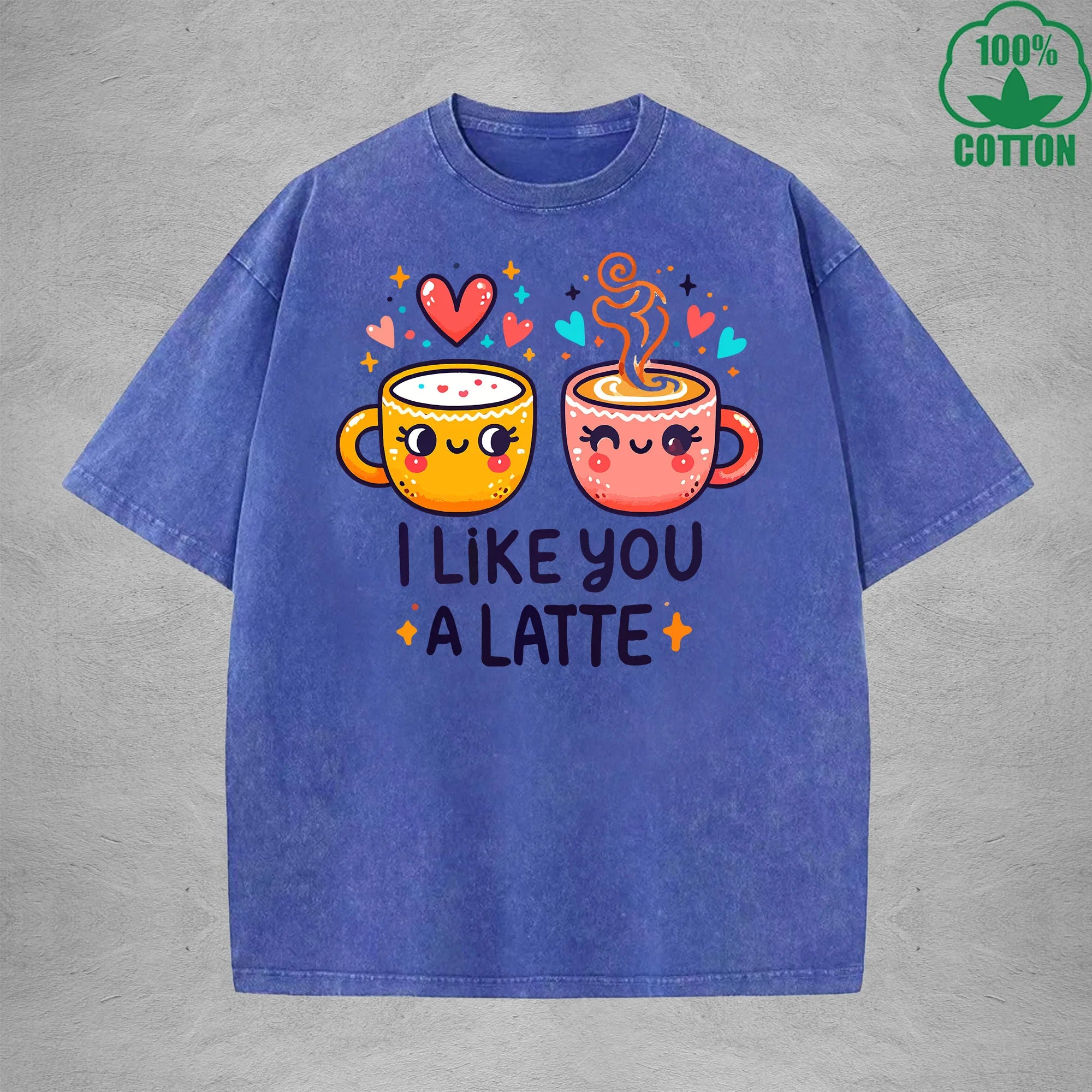 I Like You A LatteInterest Printed Washed T-Shirt 230G Loose Trendy Fashionable 100%Cotton Short Sleeve Top