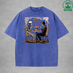 Skeleton Printed Washed T-Shirt 230G Loose Trendy Fashionable Cotton Short Sleeve Top