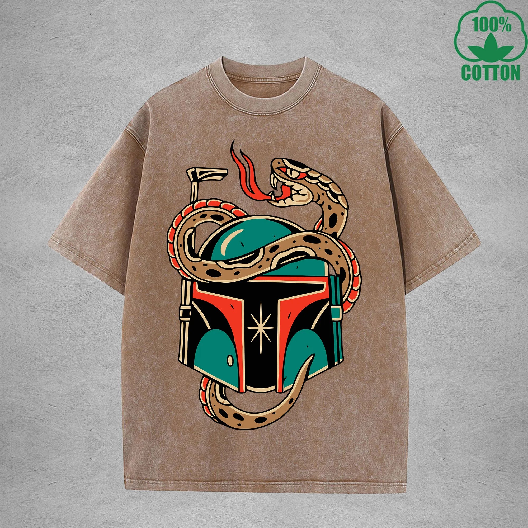 Deadly SnakeInterest Printed Washed T-Shirt 230G Multicolor Loose Trendy Fashionable 100%Cotton Short Sleeve Top