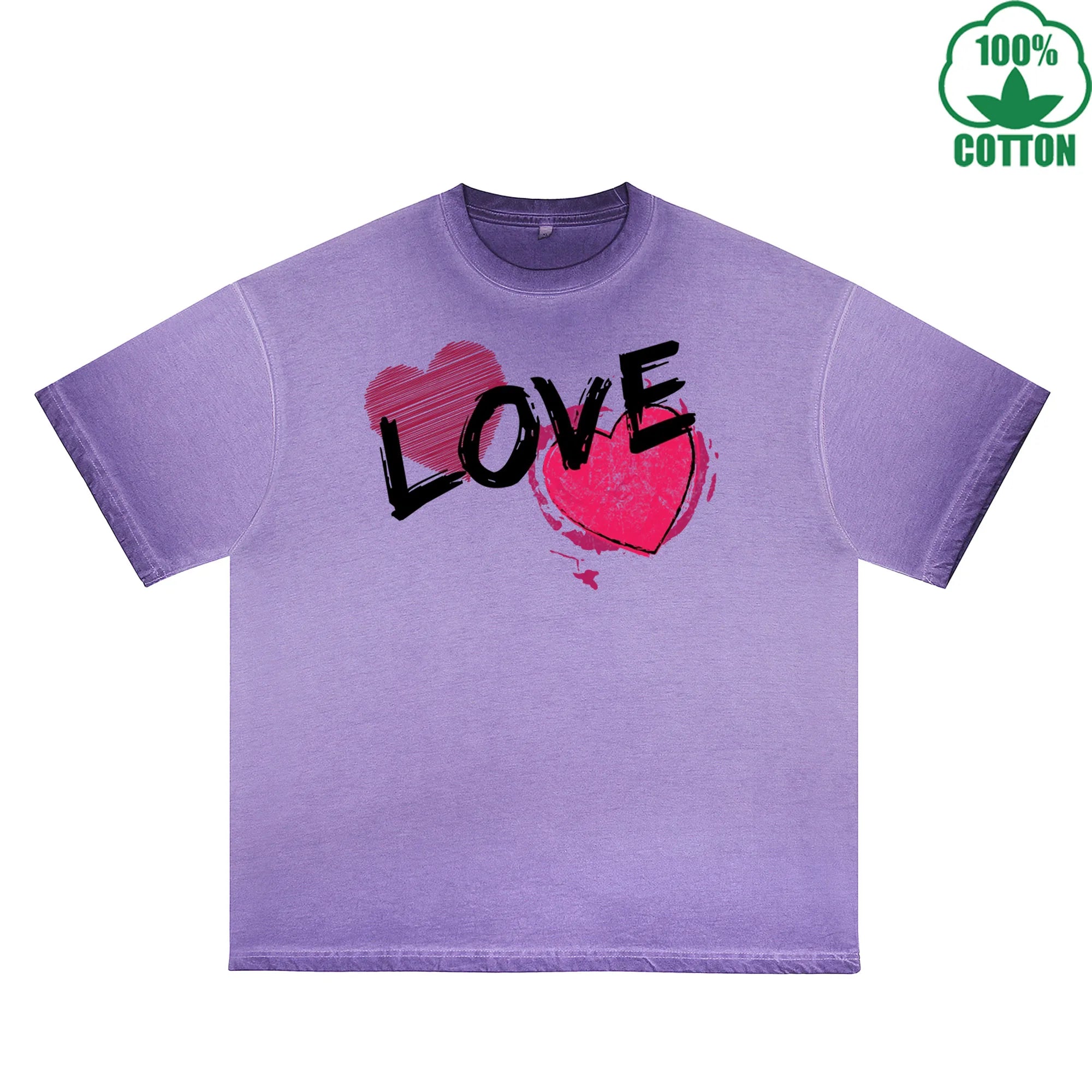 Love Printed Dirty WashT-Shirt 230G Multicolor Loose Trendy Short Sleeves Fashionable 100%Cotton Top
