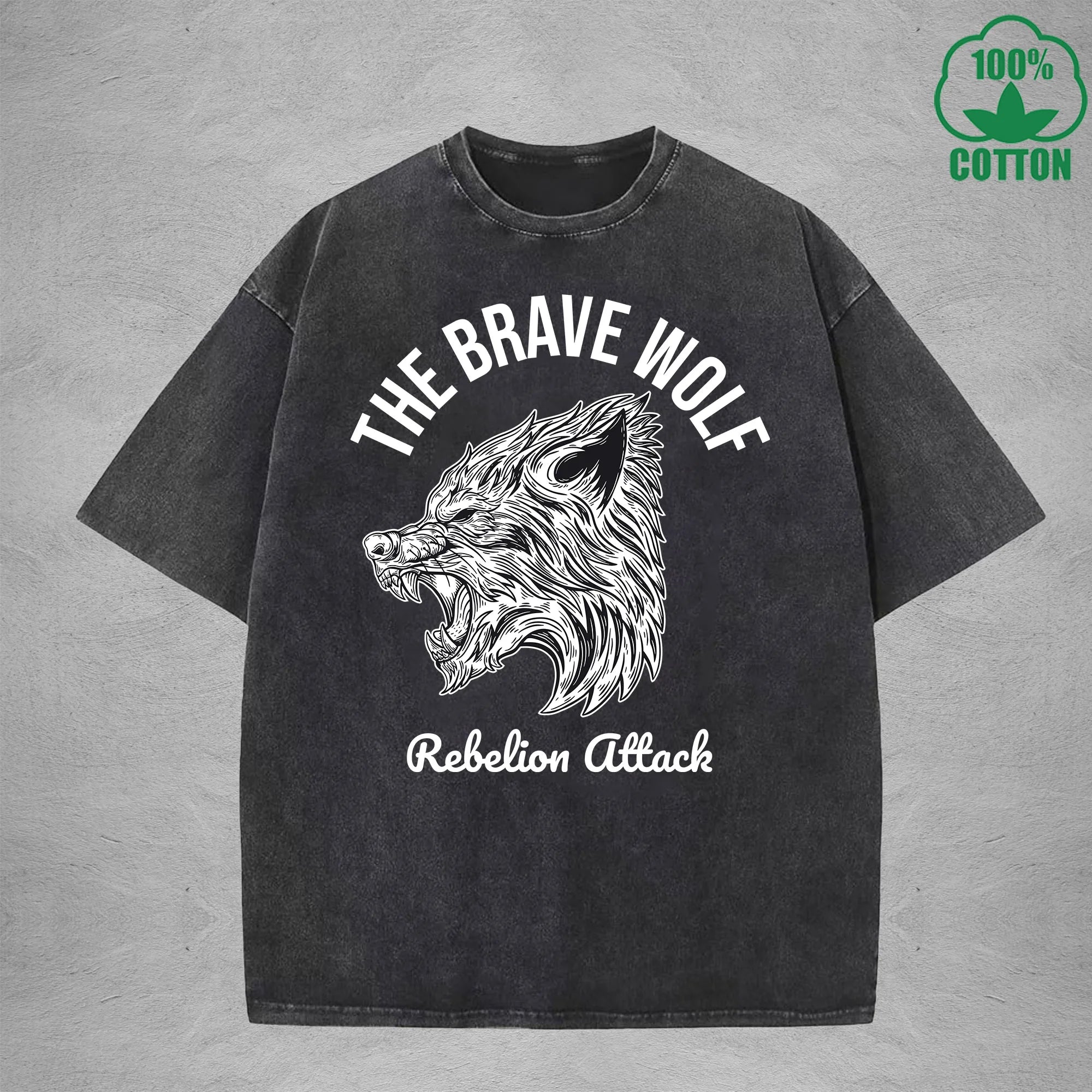 The Brave WolfInterest Printed Washed T-Shirt 230G Multicolor Loose Trendy Fashionable 100%Cotton Short Sleeve Top