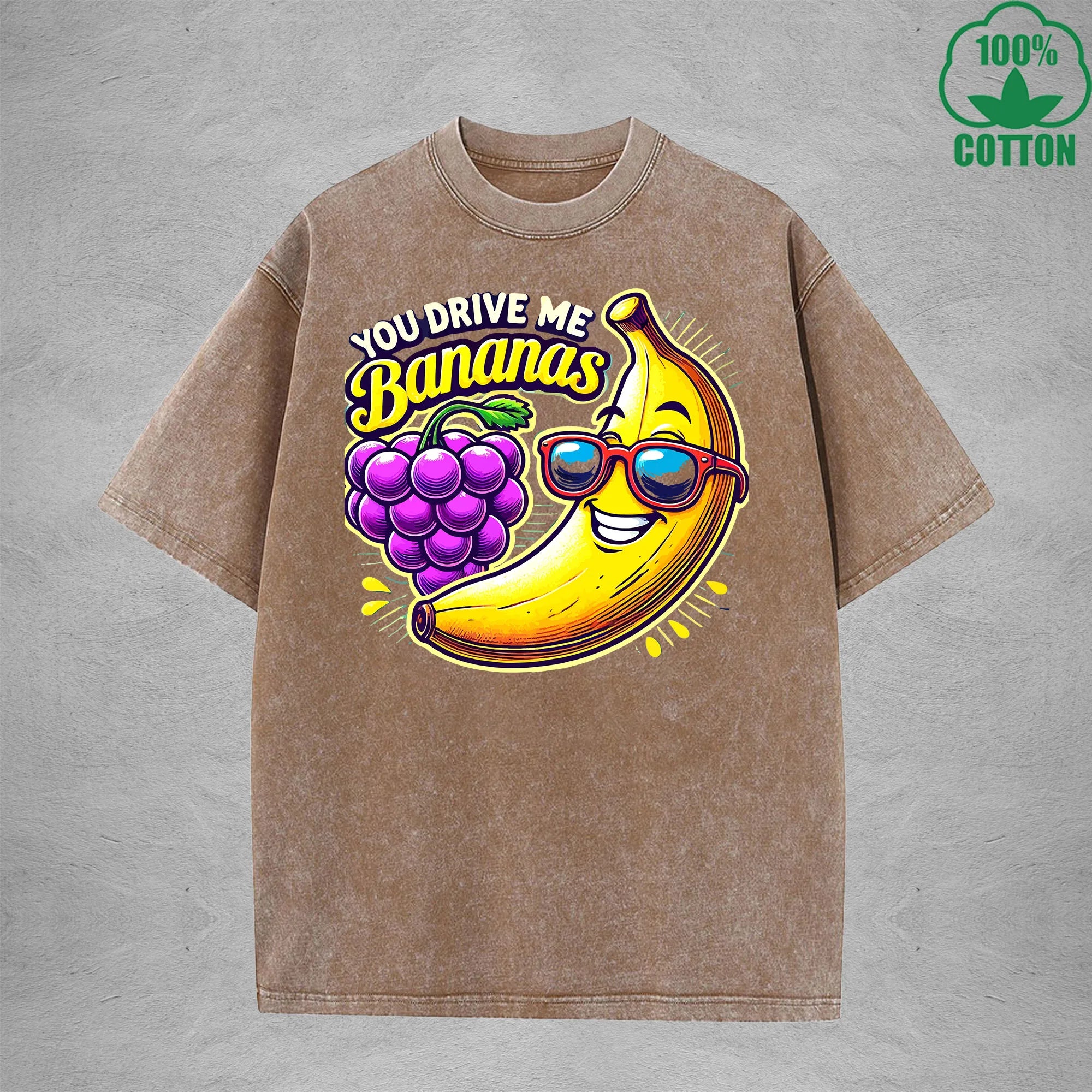You Drive Me BananasInterest Printed Washed T-Shirt 230G Loose Trendy Fashionable 100%Cotton Short Sleeve Top