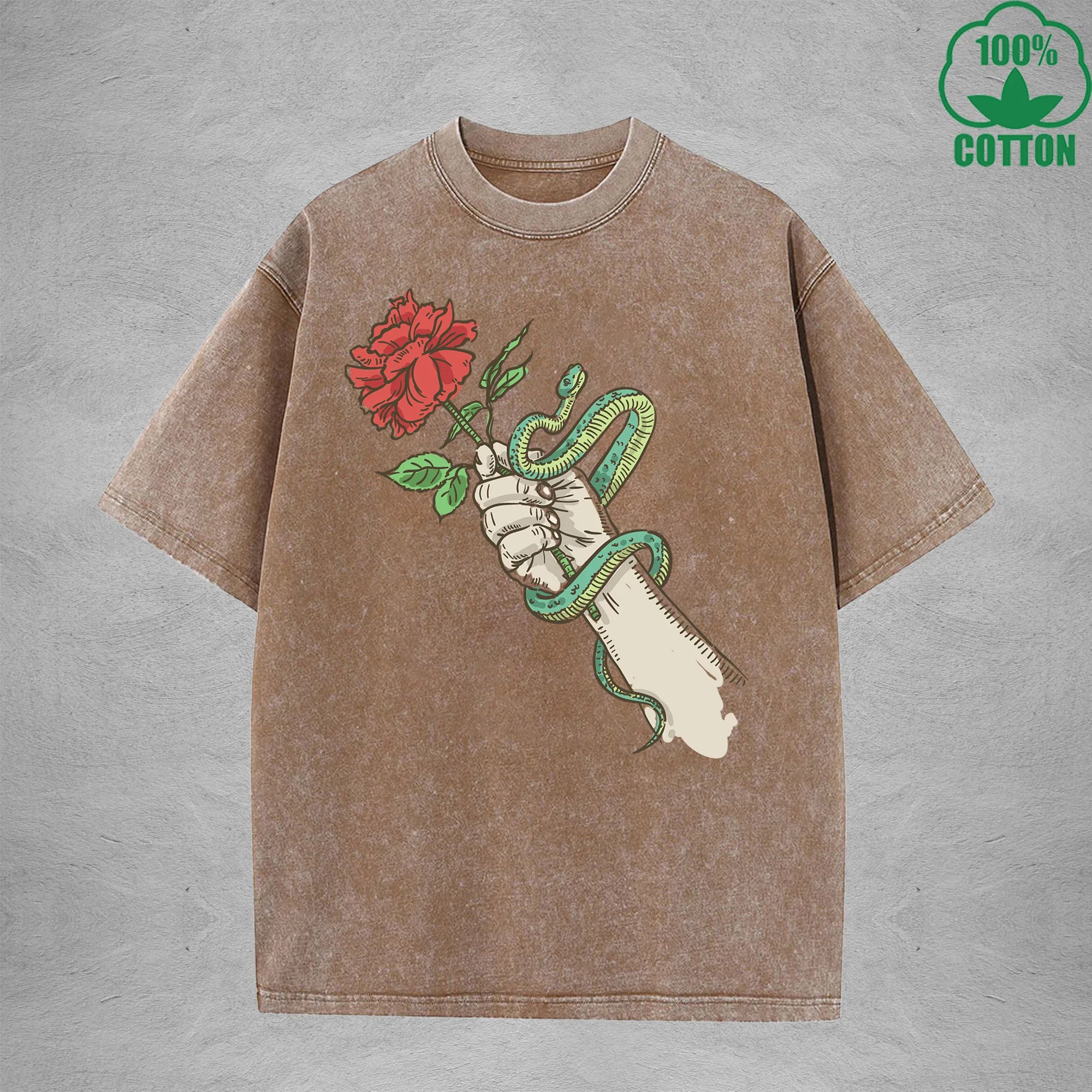 Roses And Vipers Printed Washed T-Shirt 230G Multicolor Minimalist Loose Trendy Fashionable Cotton Short Sleeve Top