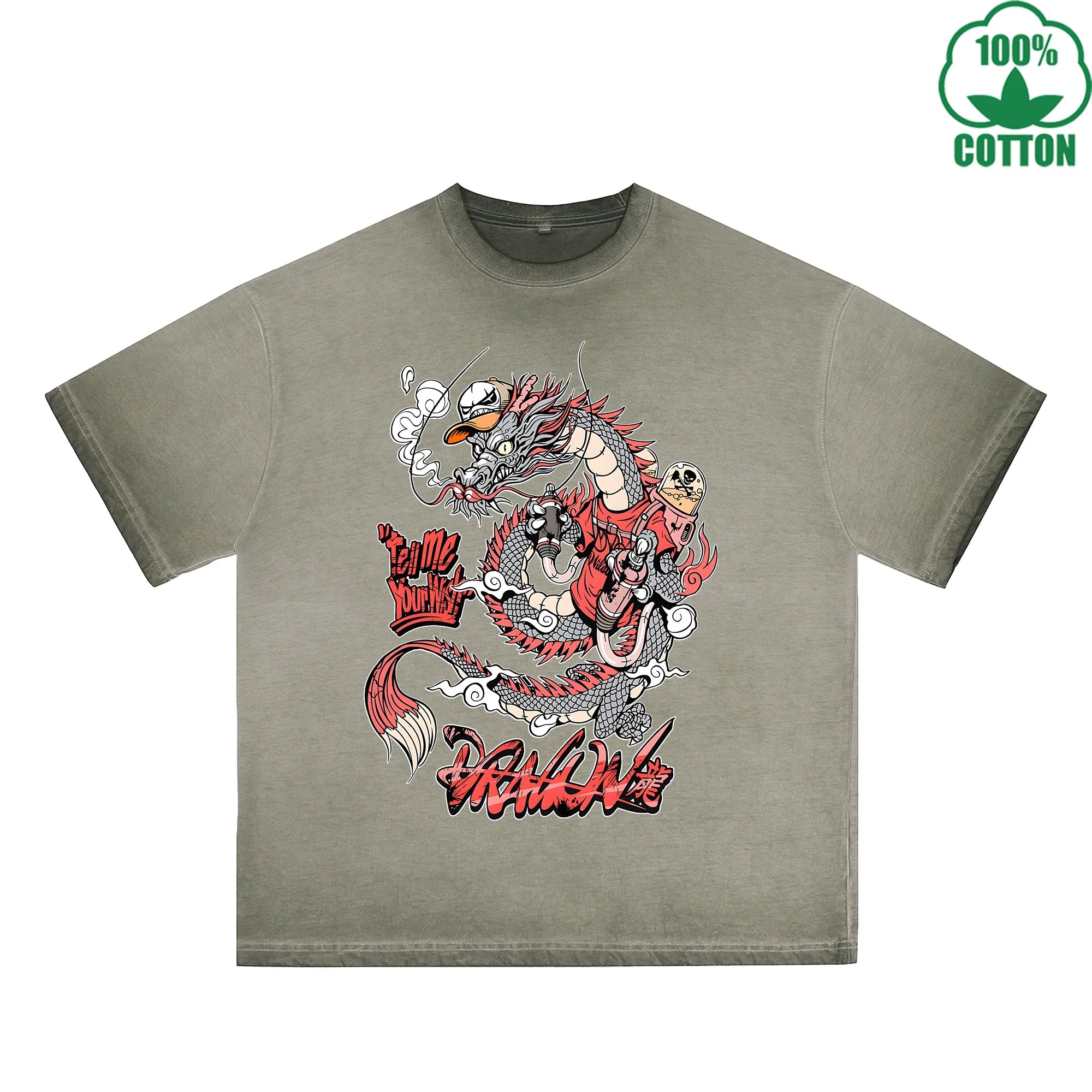 Trendy Dragon Printed Dirty WashT-Shirt 230G Multicolor Loose Trendy Fashionable 100%Cotton Short Sleeve Top