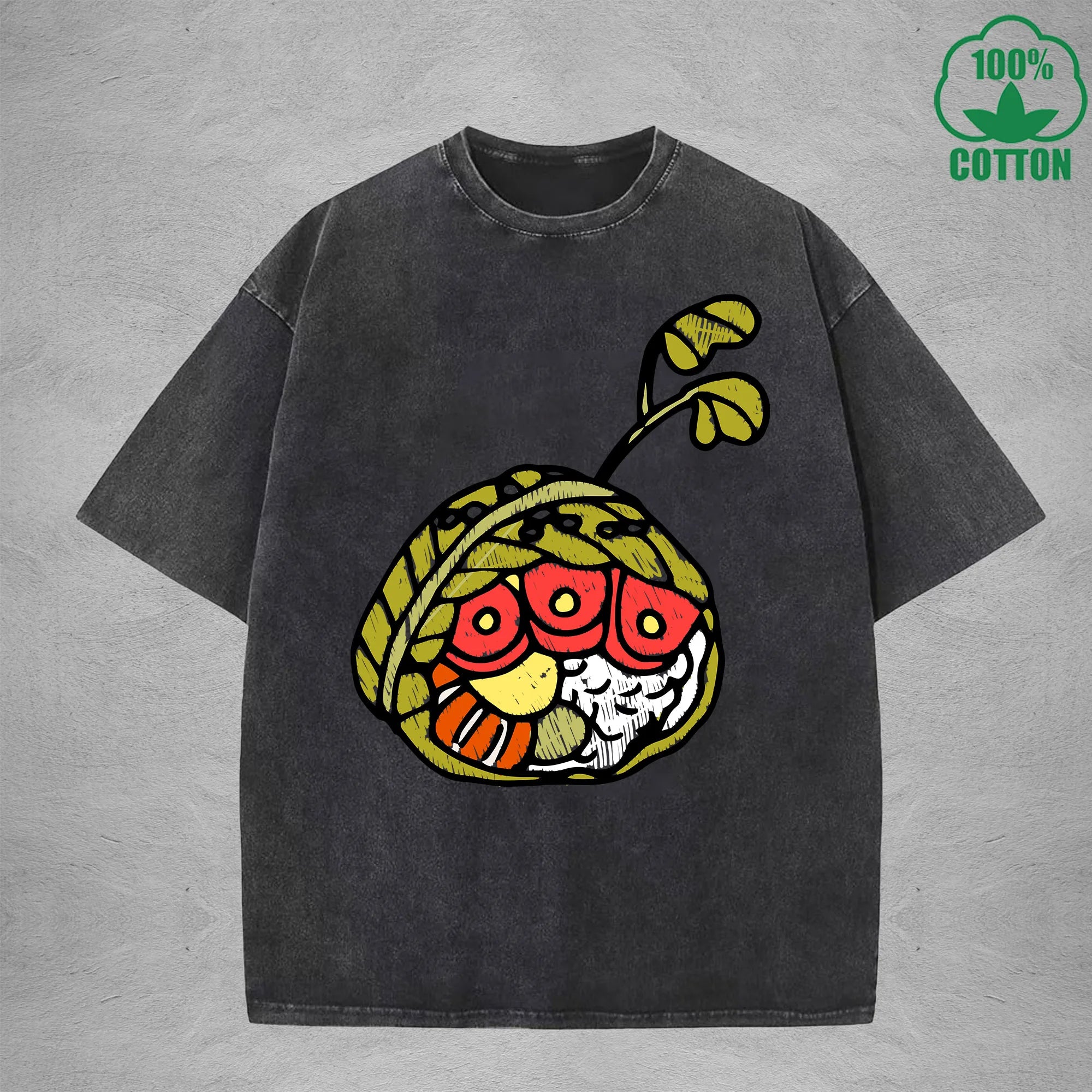 Cute Rice BallInterest Printed Washed T-Shirt 230G Multicolor Loose Trendy Fashionable 100%Cotton Short Sleeve Top