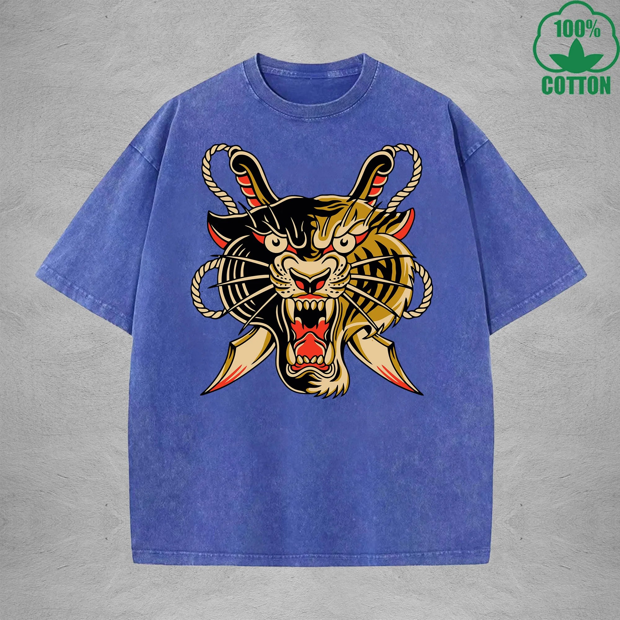 Two Faced TigerInterest Printed Washed T-Shirt 230G Multicolor Loose Trendy Fashionable 100%Cotton Short Sleeve Top