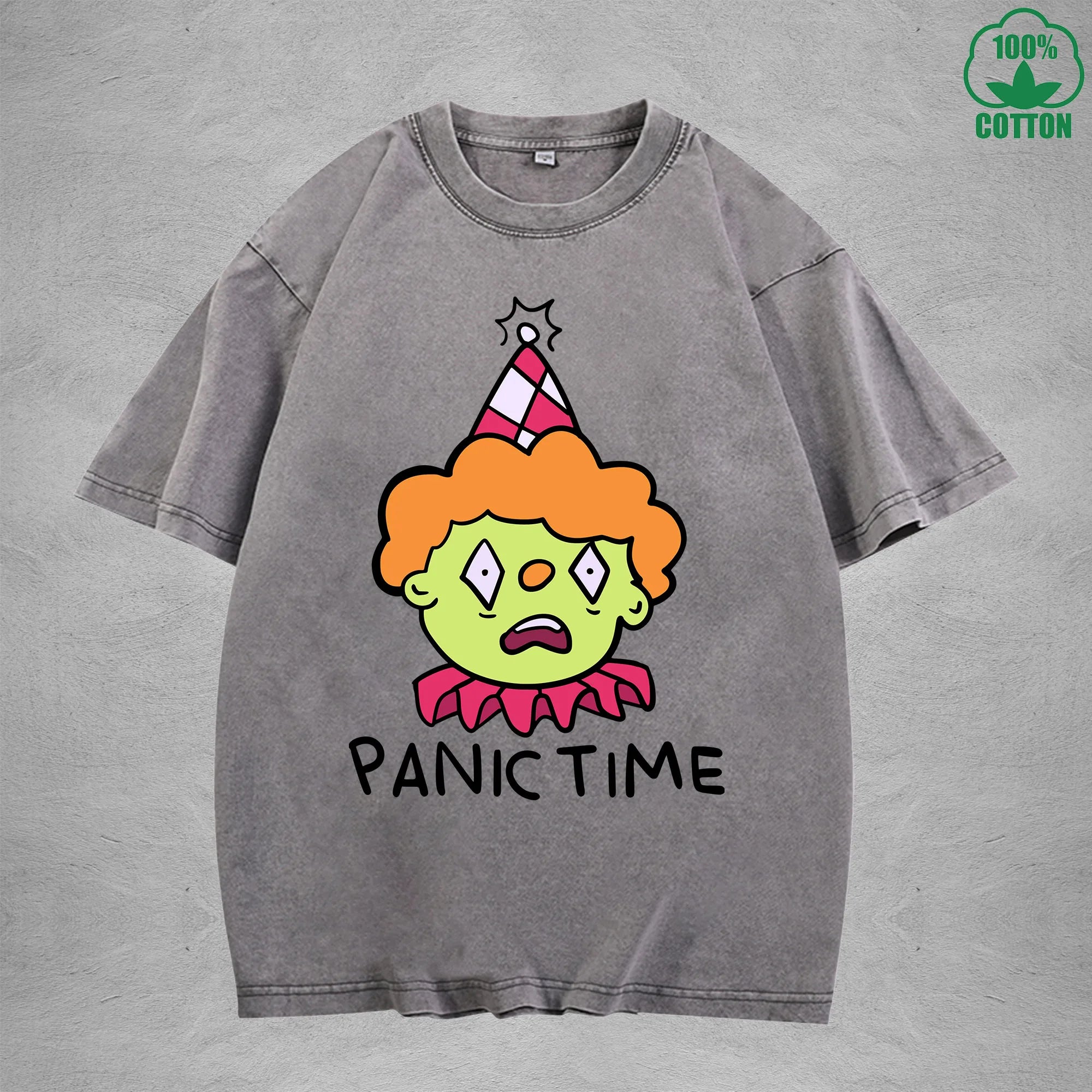 Panic TimeInterest Printed Washed T-Shirt 230G Loose Trendy Fashionable 100%Cotton Short Sleeve Top